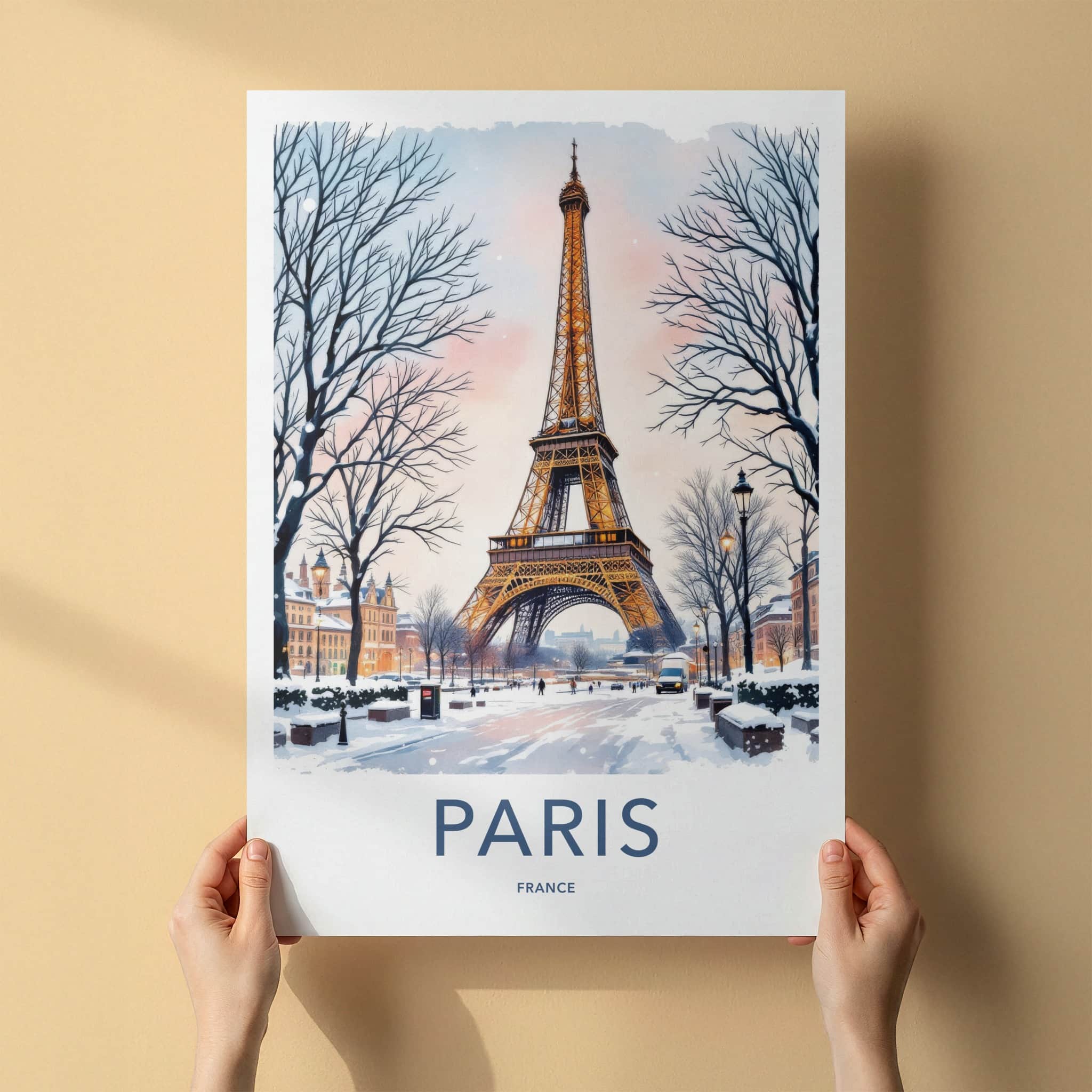 Paris Poster - France Framed Art - Eiffel Tower Snowy Street Lounge Decor