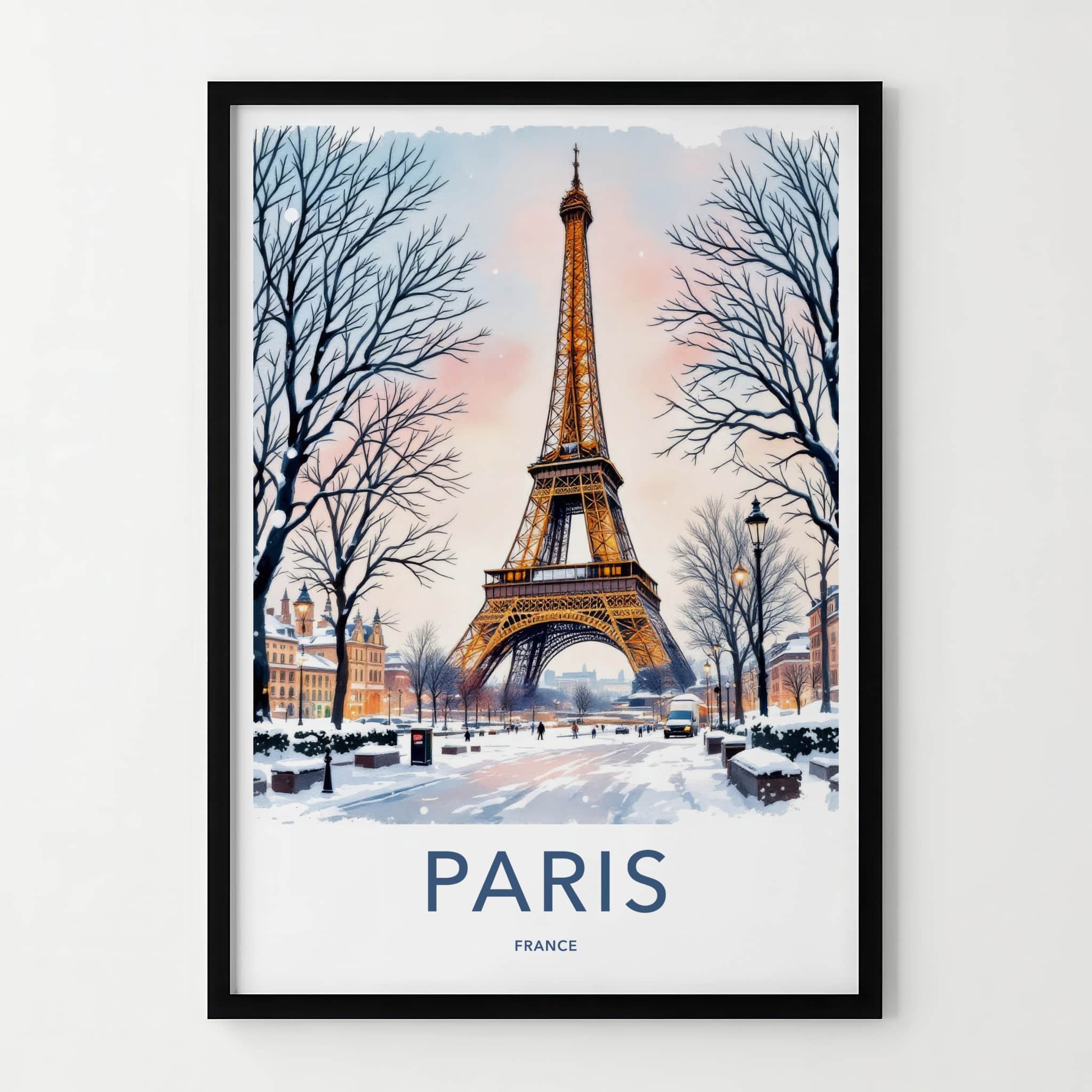 Paris Poster - France Framed Art - Eiffel Tower Snowy Street Lounge Decor