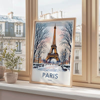 Paris Poster - France Framed Art - Eiffel Tower Snowy Street Lounge Decor