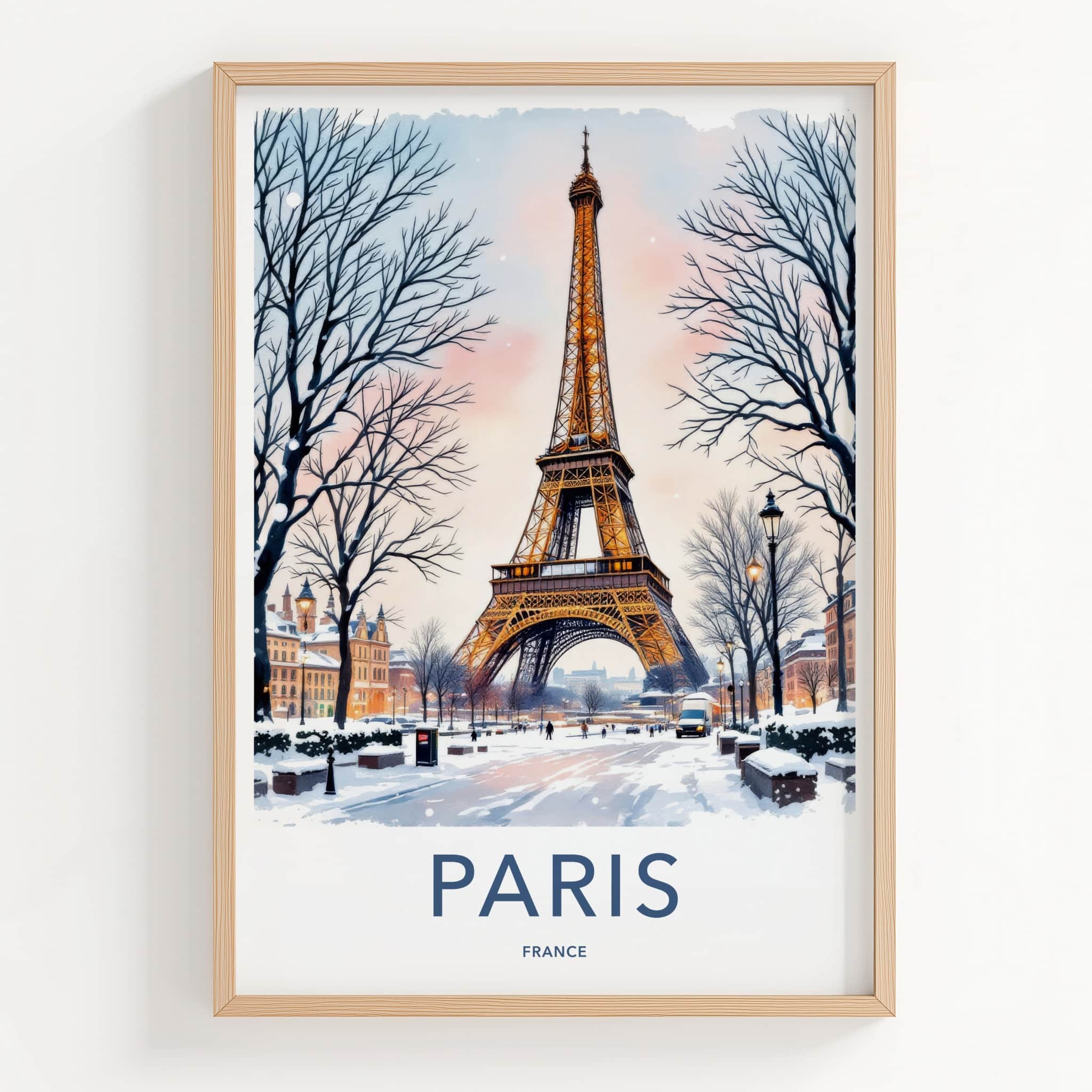 Paris Poster - France Framed Art - Eiffel Tower Snowy Street Lounge Decor