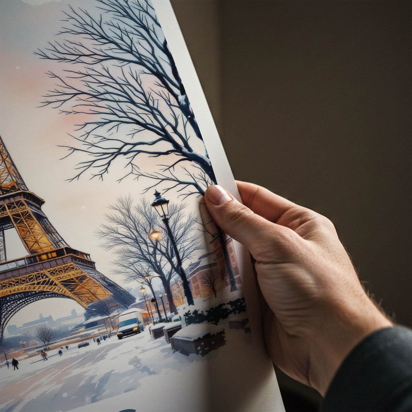 Paris Poster - France Framed Art - Eiffel Tower Snowy Street Lounge Decor