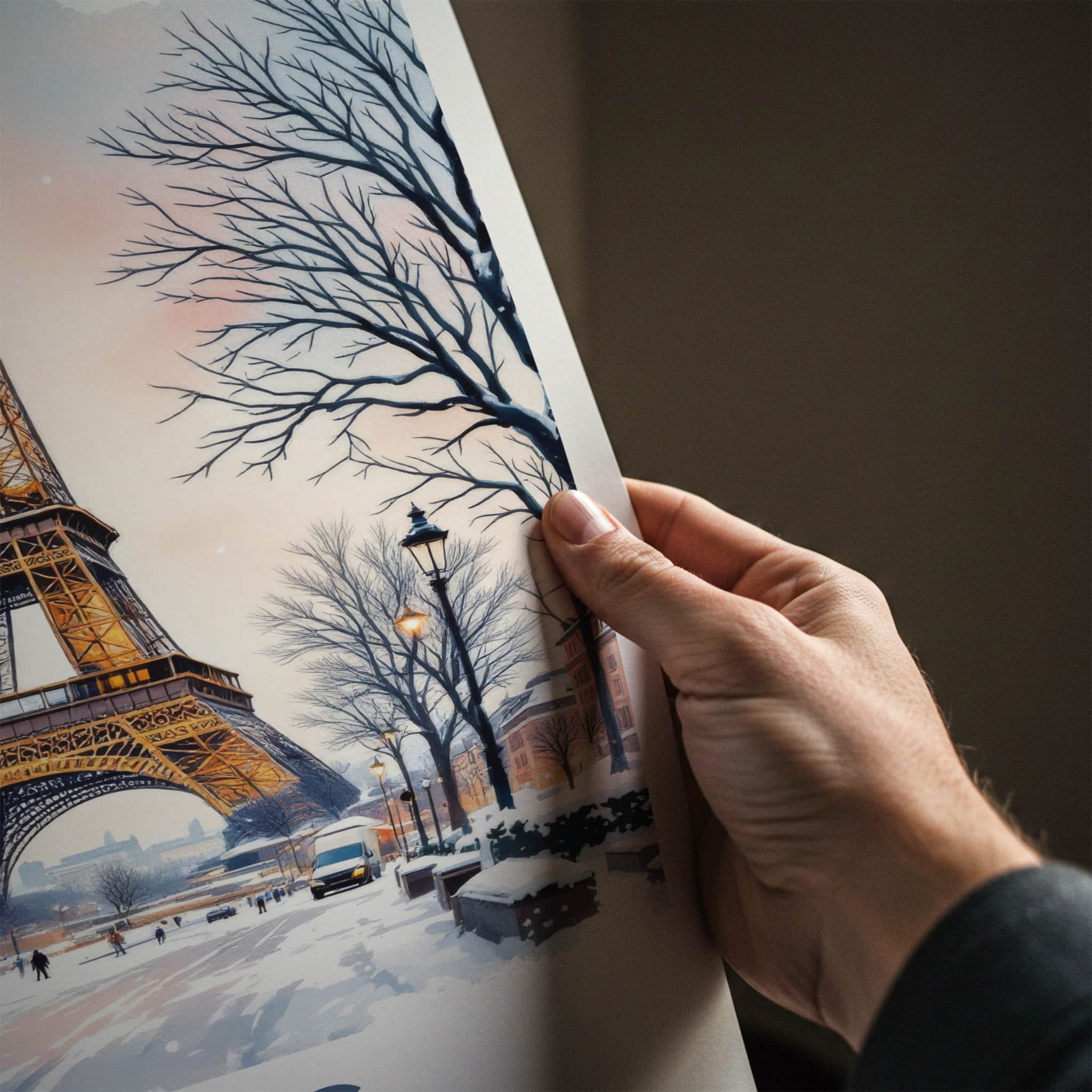 Paris Poster - France Framed Art - Eiffel Tower Snowy Street Lounge Decor