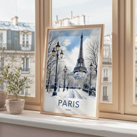 Paris Poster - France Travel Art - Eiffel Tower Snowy Street Home Decor