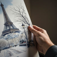 Paris Poster - France Travel Art - Eiffel Tower Snowy Street Home Decor