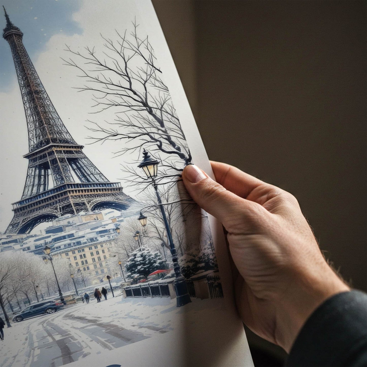 Paris Poster - France Travel Art - Eiffel Tower Snowy Street Home Decor
