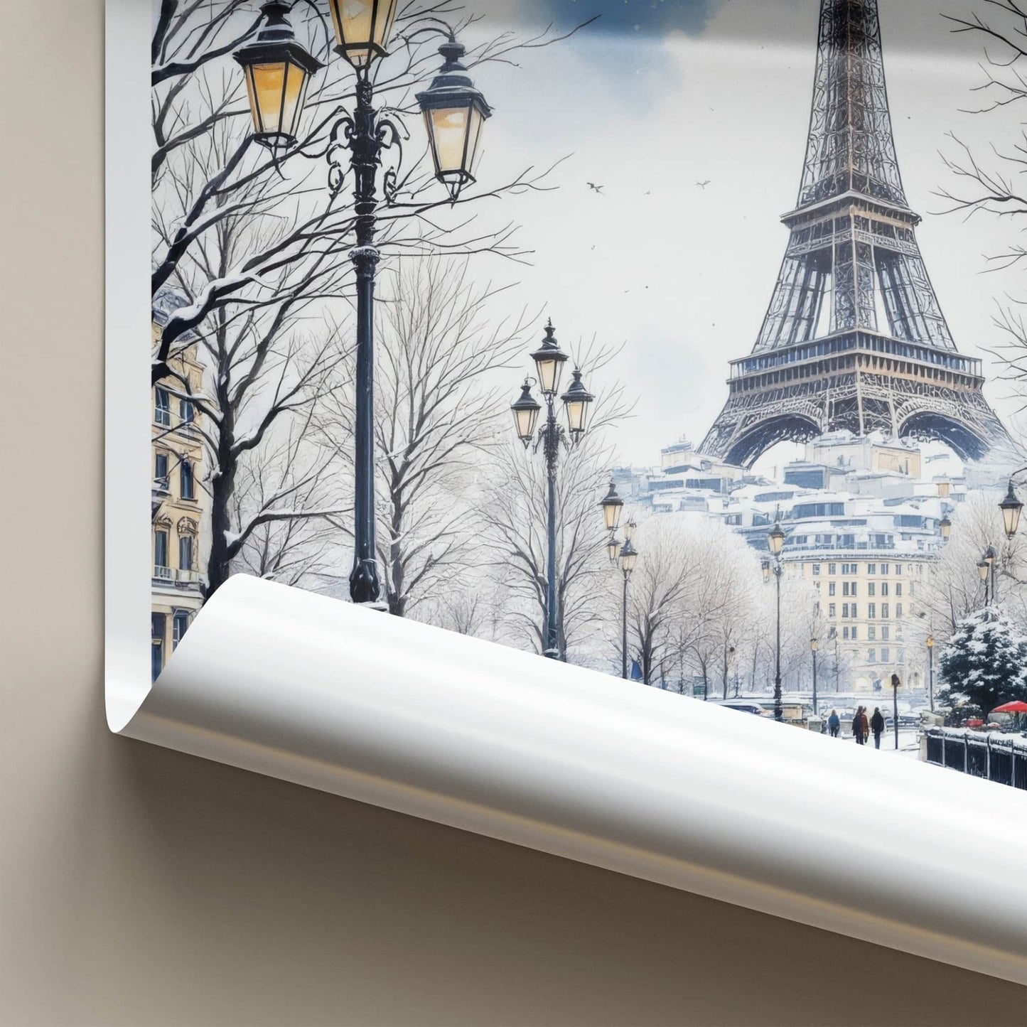 Paris Poster - France Travel Art - Eiffel Tower Snowy Street Home Decor