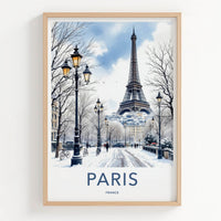 Paris Poster - France Travel Art - Eiffel Tower Snowy Street Home Decor