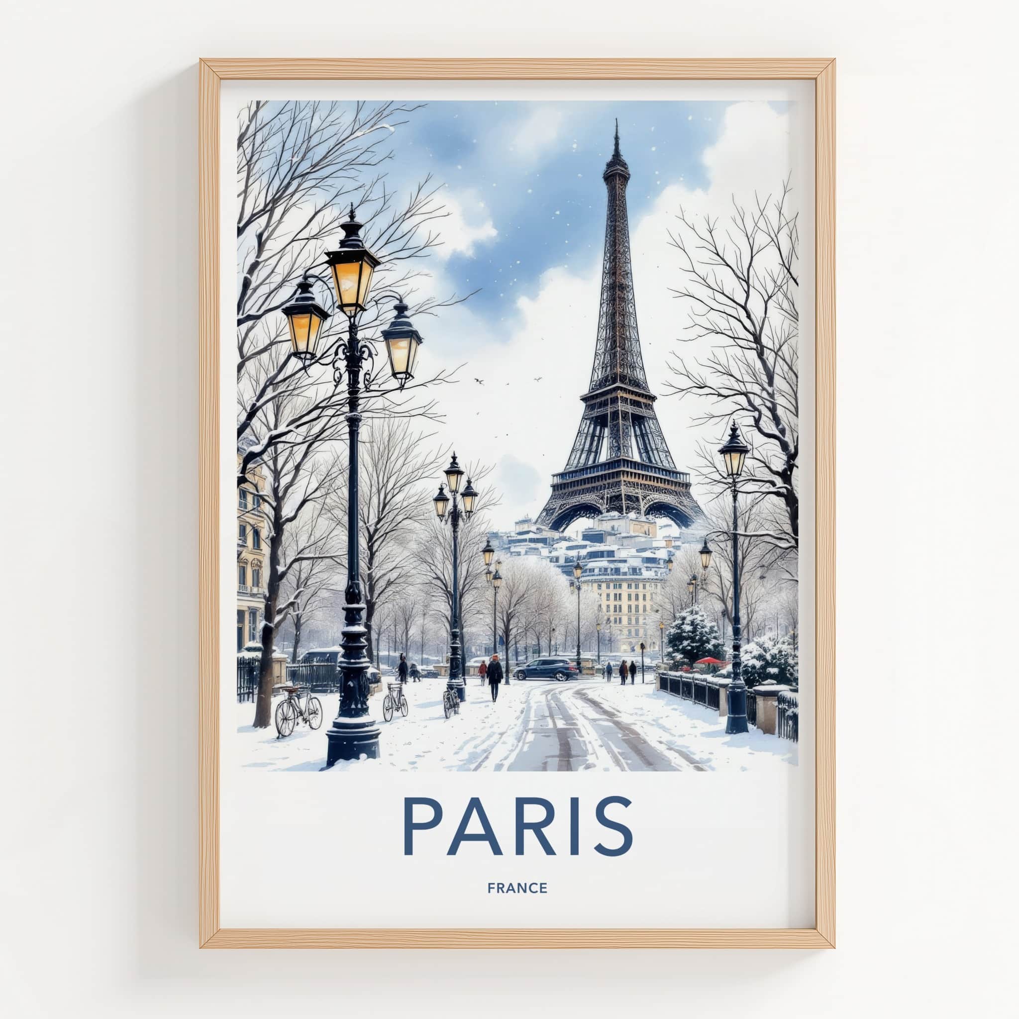 Paris Poster - France Travel Art - Eiffel Tower Snowy Street Home Decor