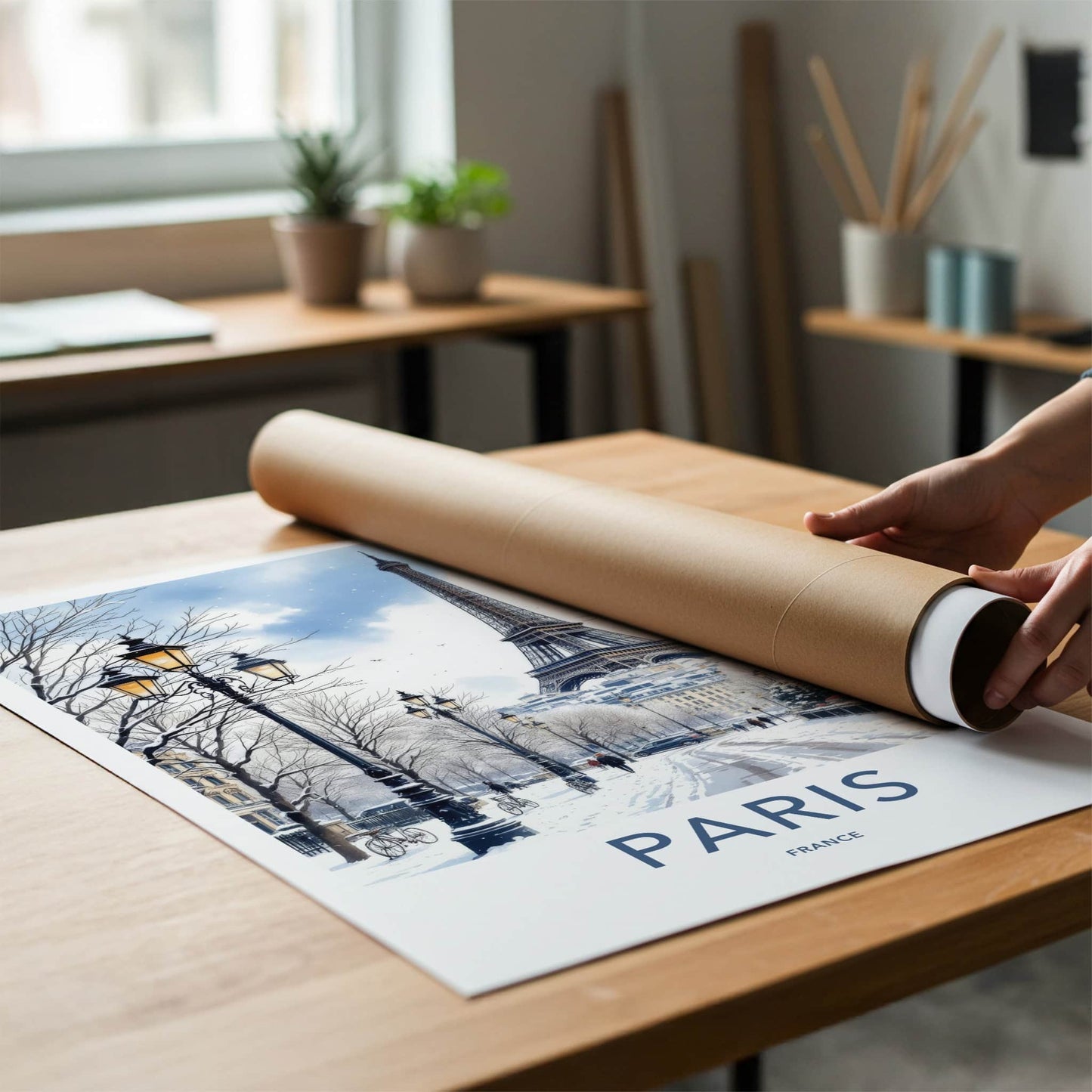 Paris Poster - France Travel Art - Eiffel Tower Snowy Street Home Decor