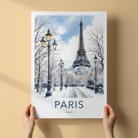 Paris Poster - France Travel Art - Eiffel Tower Snowy Street Home Decor