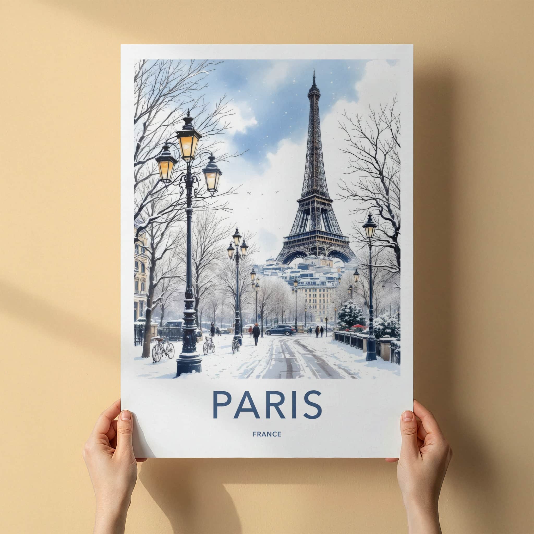 Paris Poster - France Travel Art - Eiffel Tower Snowy Street Home Decor