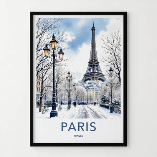 Paris Poster - France Travel Art - Eiffel Tower Snowy Street Home Decor