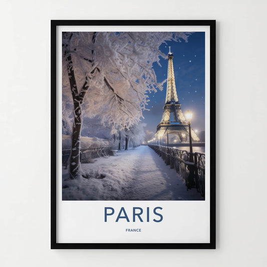 Paris Poster - France Travel Art - Snowy Parisian Night Home Decor