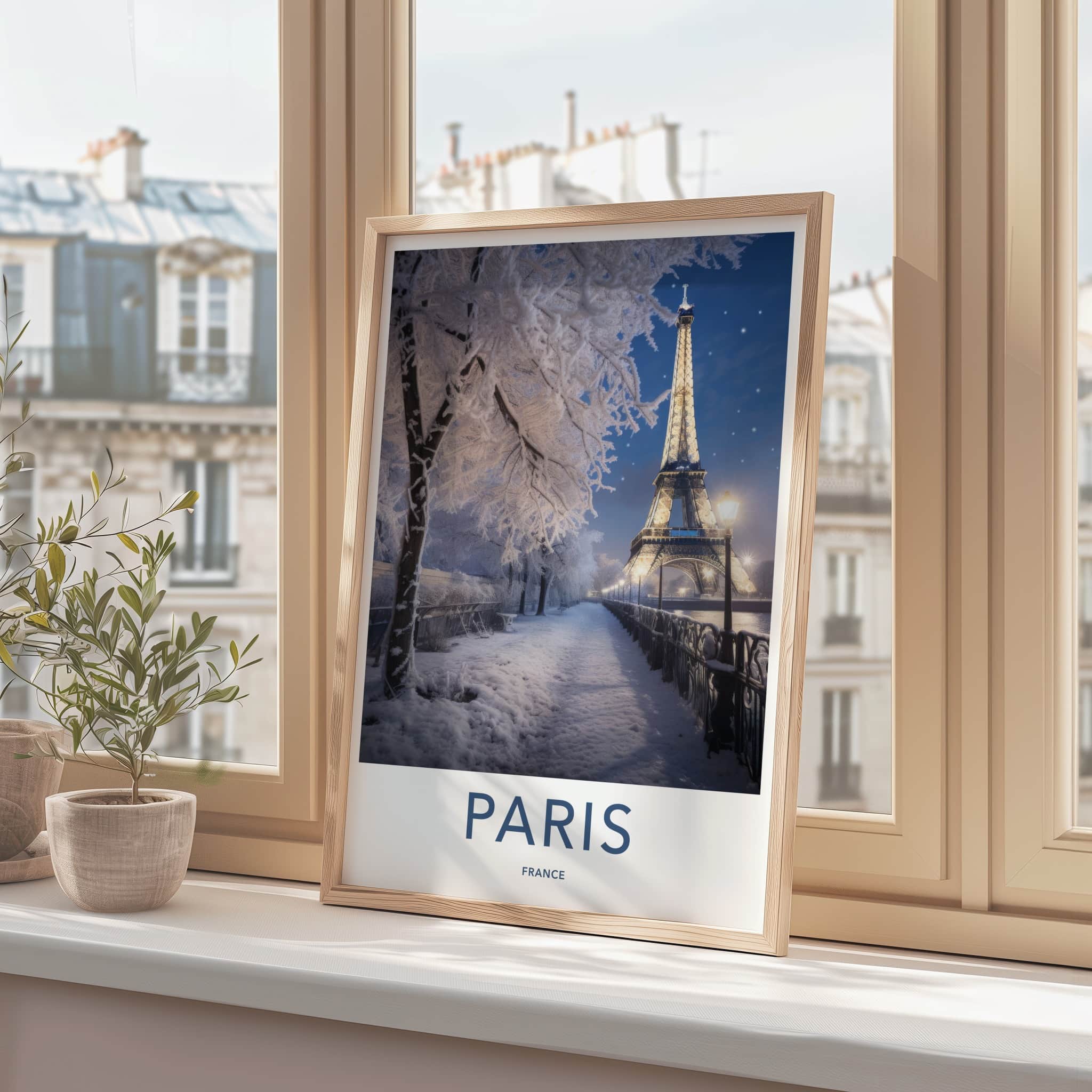 Paris Poster - France Travel Art - Snowy Parisian Night Home Decor