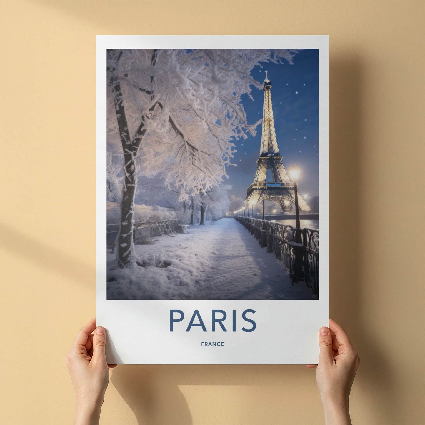 Paris Poster - France Travel Art - Snowy Parisian Night Home Decor
