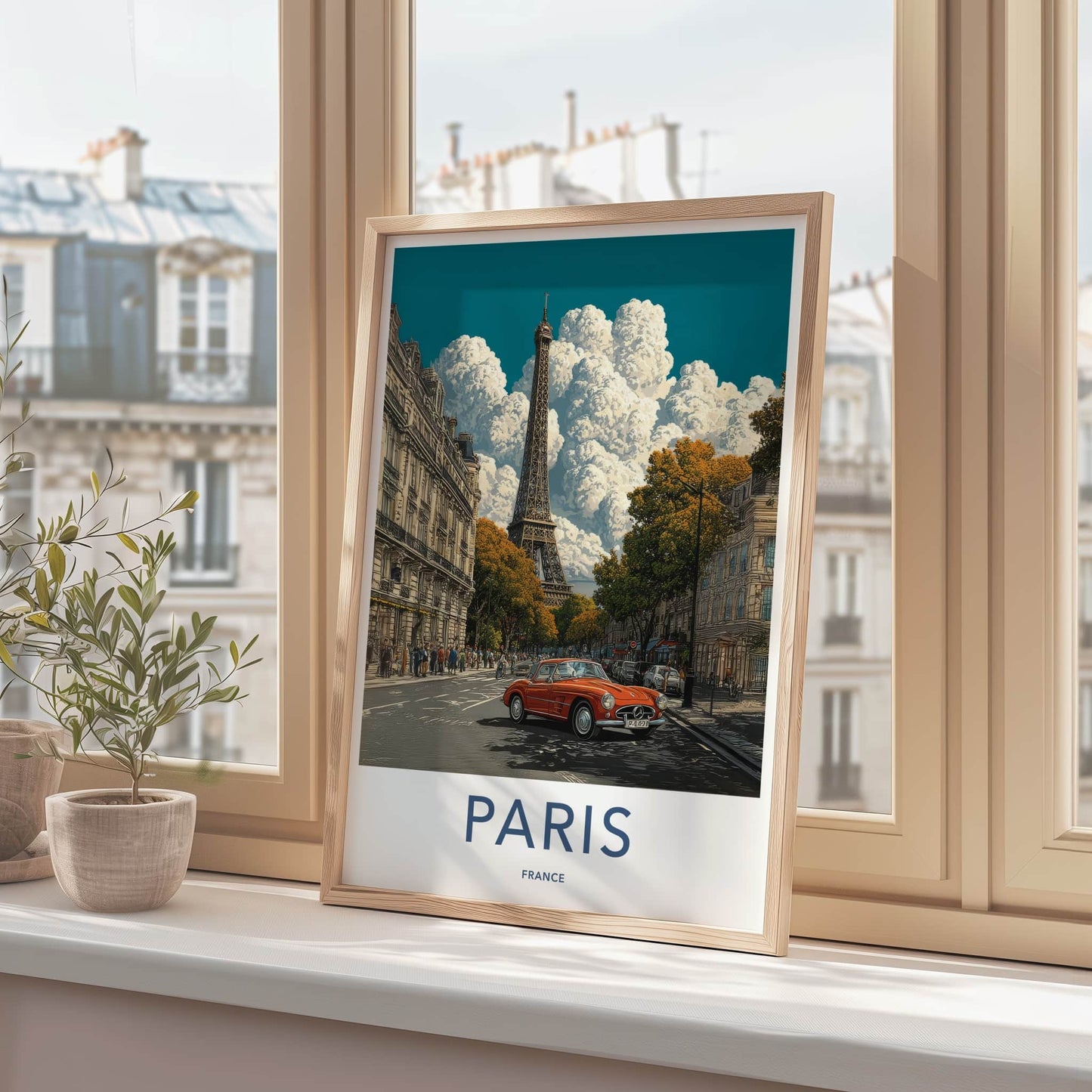 Paris Poster - France Travel Print - Orange Car Eiffel Gallery Art