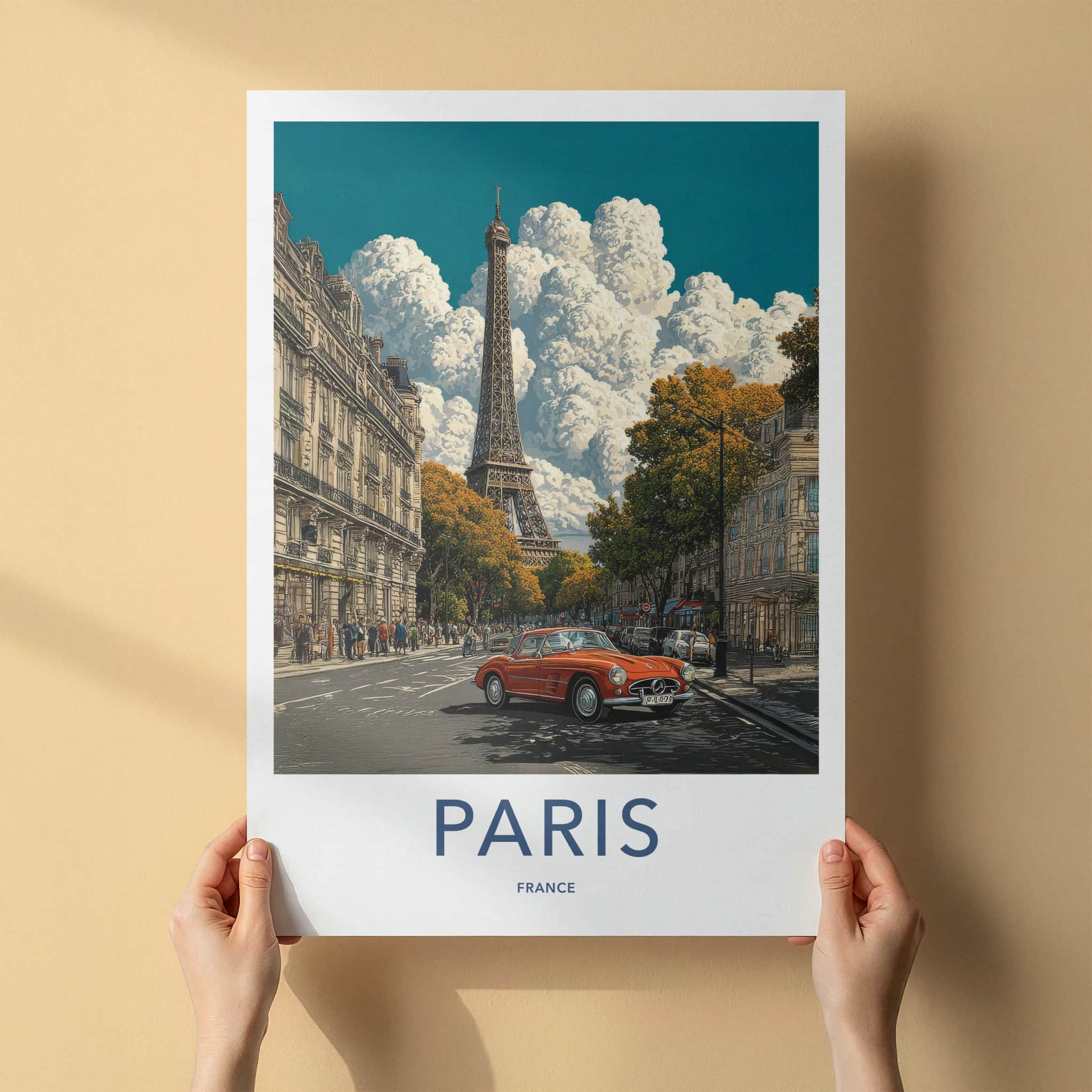 Paris Poster - France Travel Print - Orange Car Eiffel Gallery Art