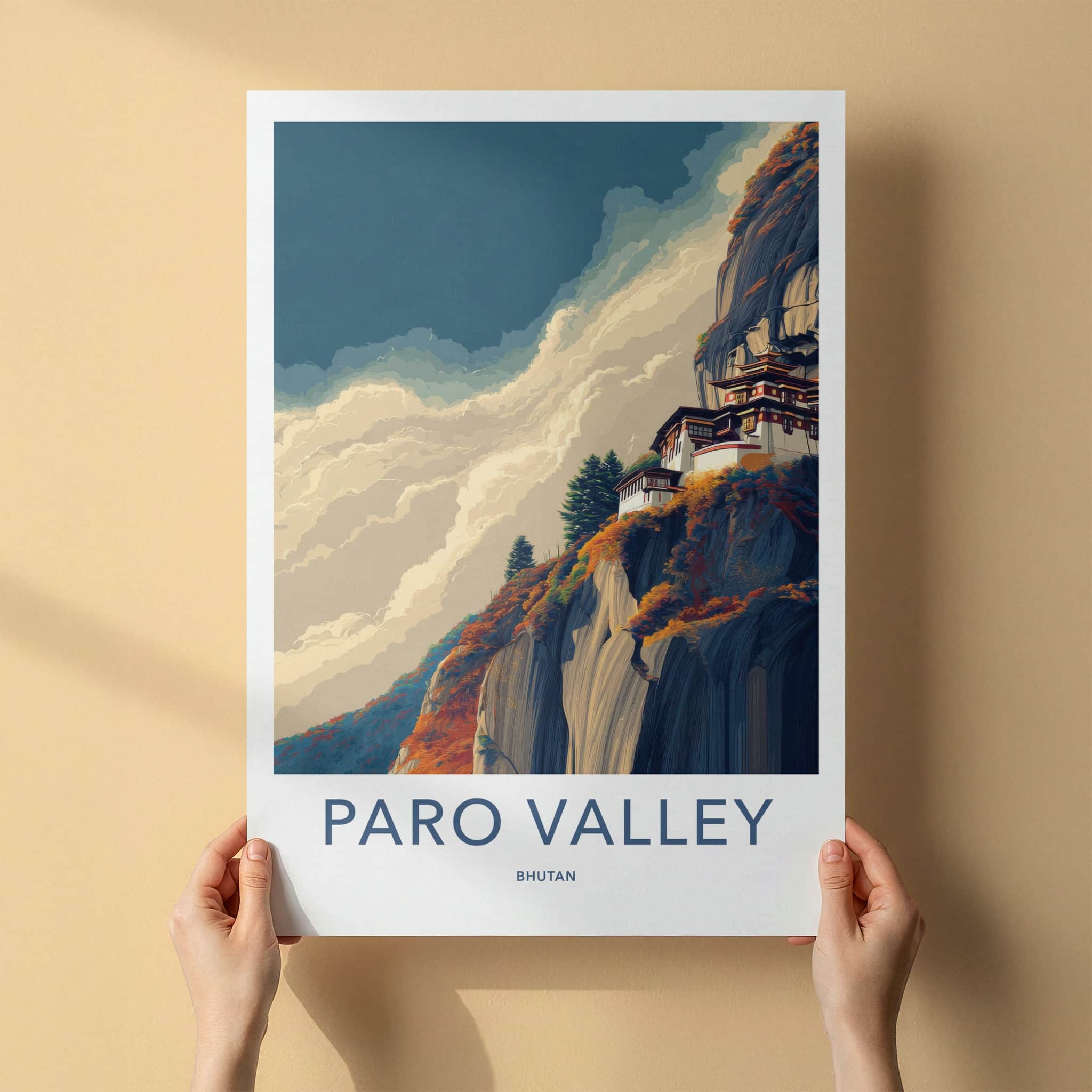 Paro Poster - Bhutan Travel Print - Cliffside Monastery Home Decor