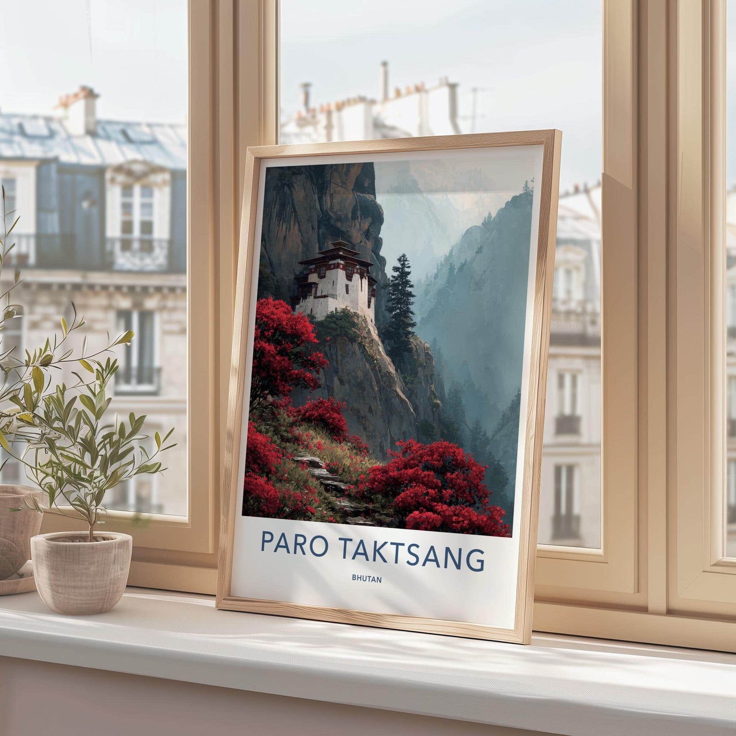 Paro Taktsang Poster - Bhutan Travel Art - Flowering Cliff Monastery Home Decor