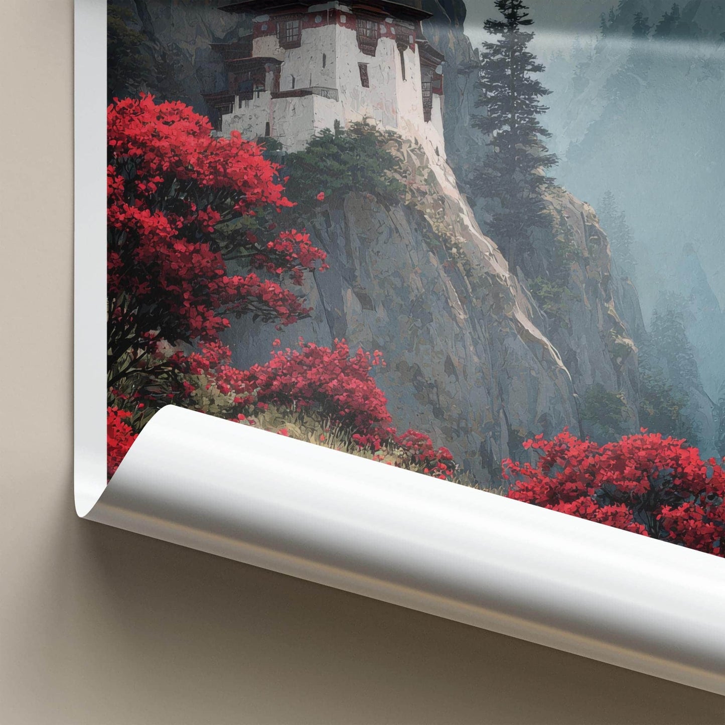 Paro Taktsang Poster - Bhutan Travel Art - Flowering Cliff Monastery Home Decor