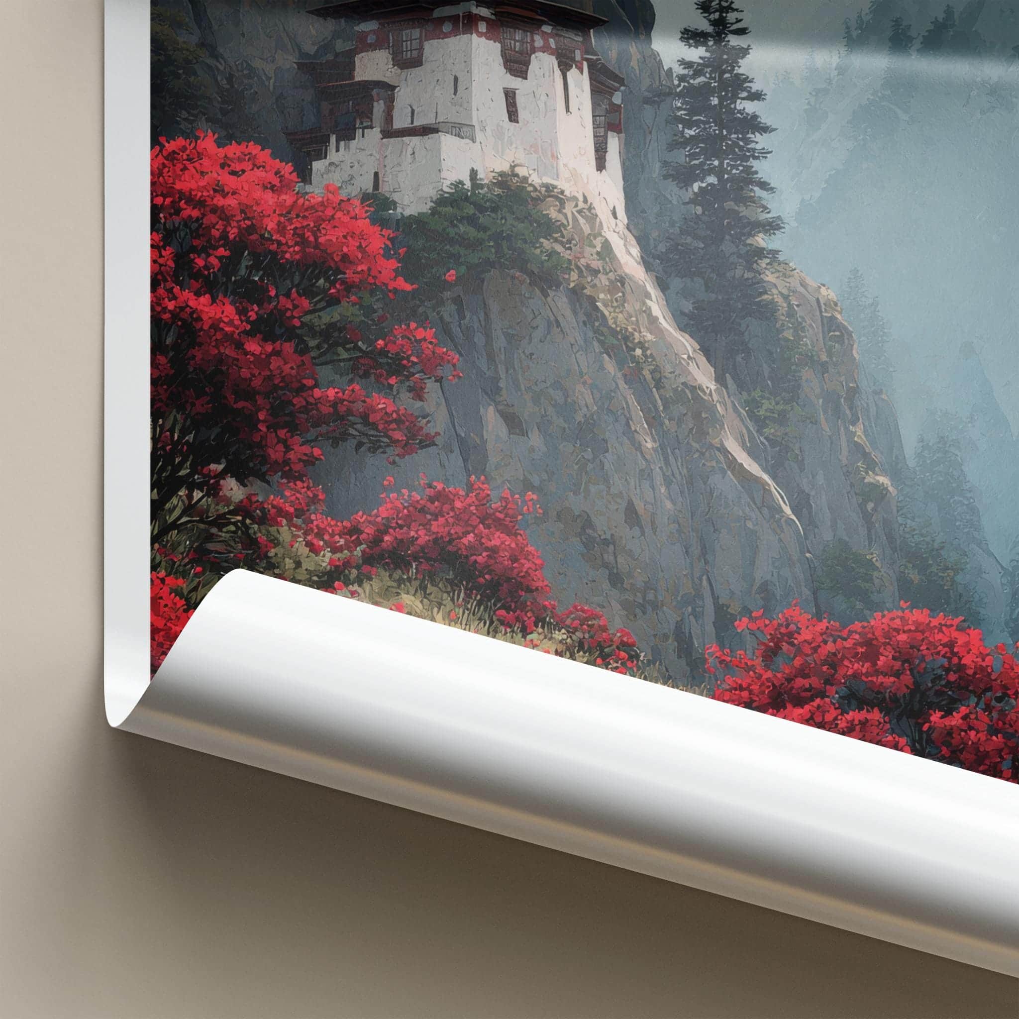 Paro Taktsang Poster - Bhutan Travel Art - Flowering Cliff Monastery Home Decor
