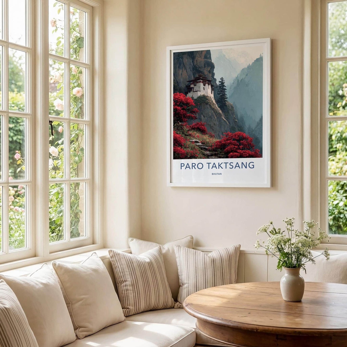 Paro Taktsang Poster - Bhutan Travel Art - Flowering Cliff Monastery Home Decor