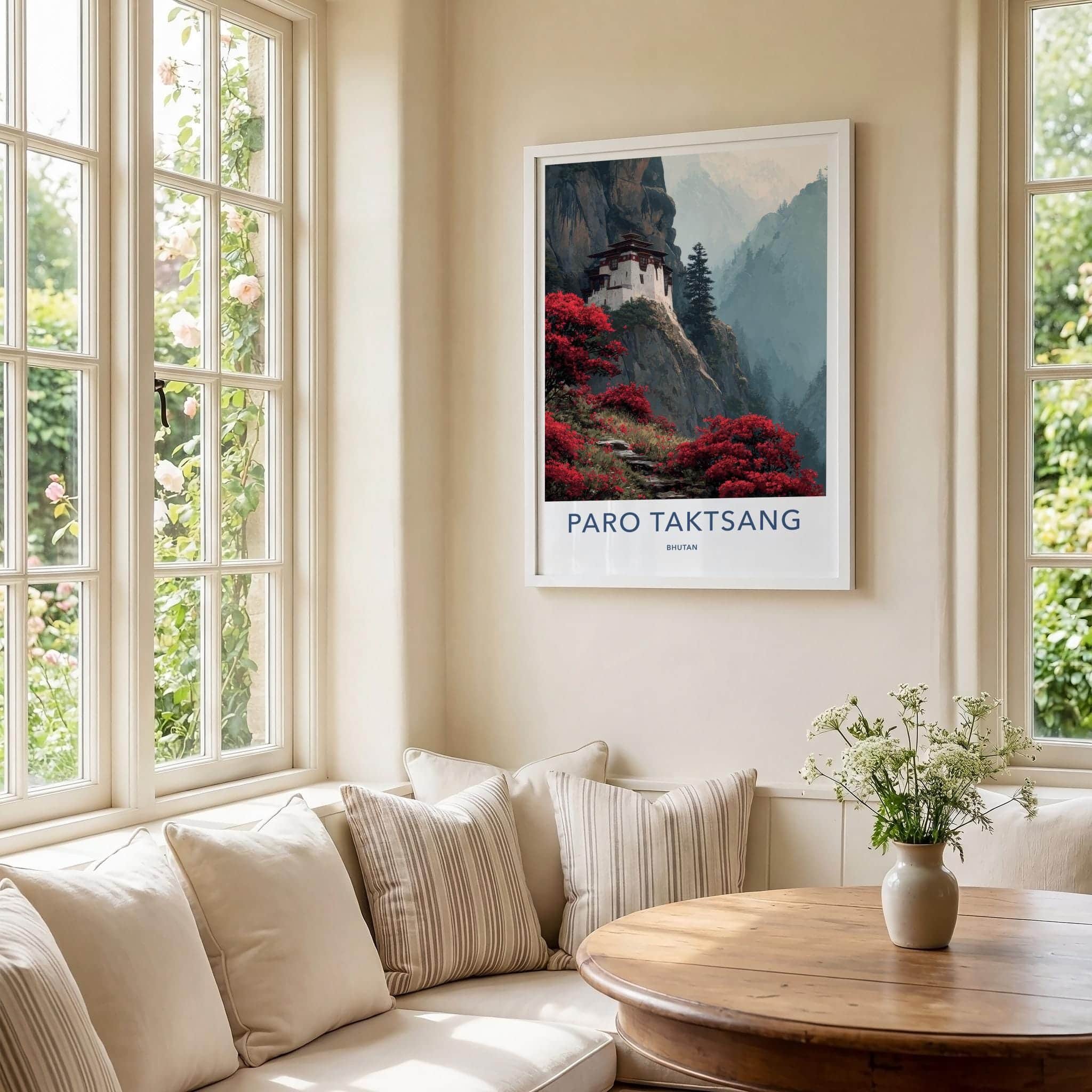 Paro Taktsang Poster - Bhutan Travel Art - Flowering Cliff Monastery Home Decor