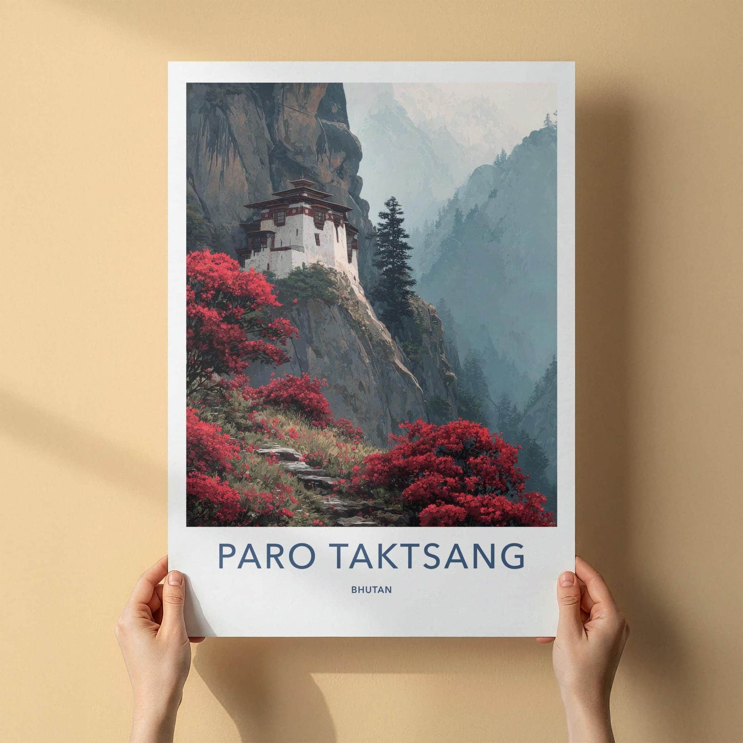 Paro Taktsang Poster - Bhutan Travel Art - Flowering Cliff Monastery Home Decor