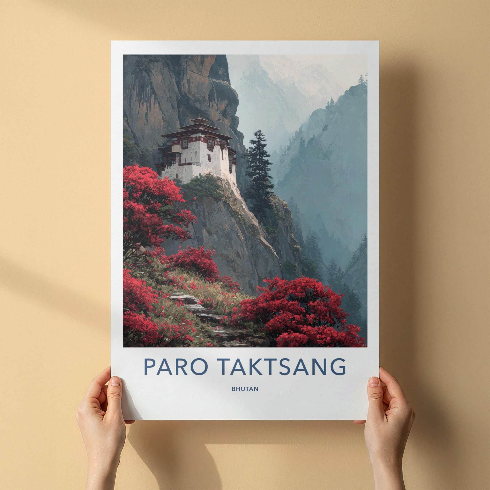 Paro Taktsang Poster - Bhutan Travel Art - Flowering Cliff Monastery Home Decor