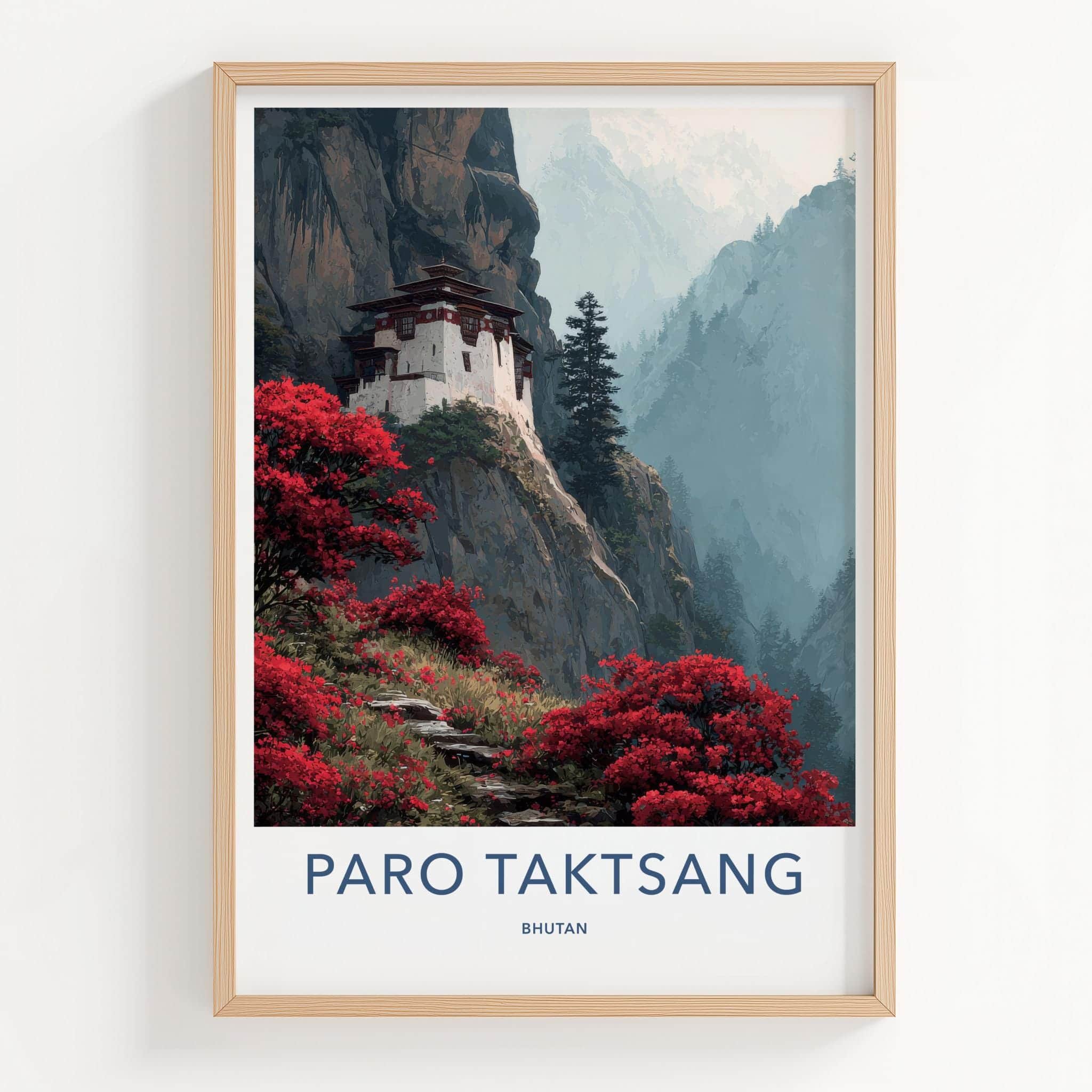 Paro Taktsang Poster - Bhutan Travel Art - Flowering Cliff Monastery Home Decor