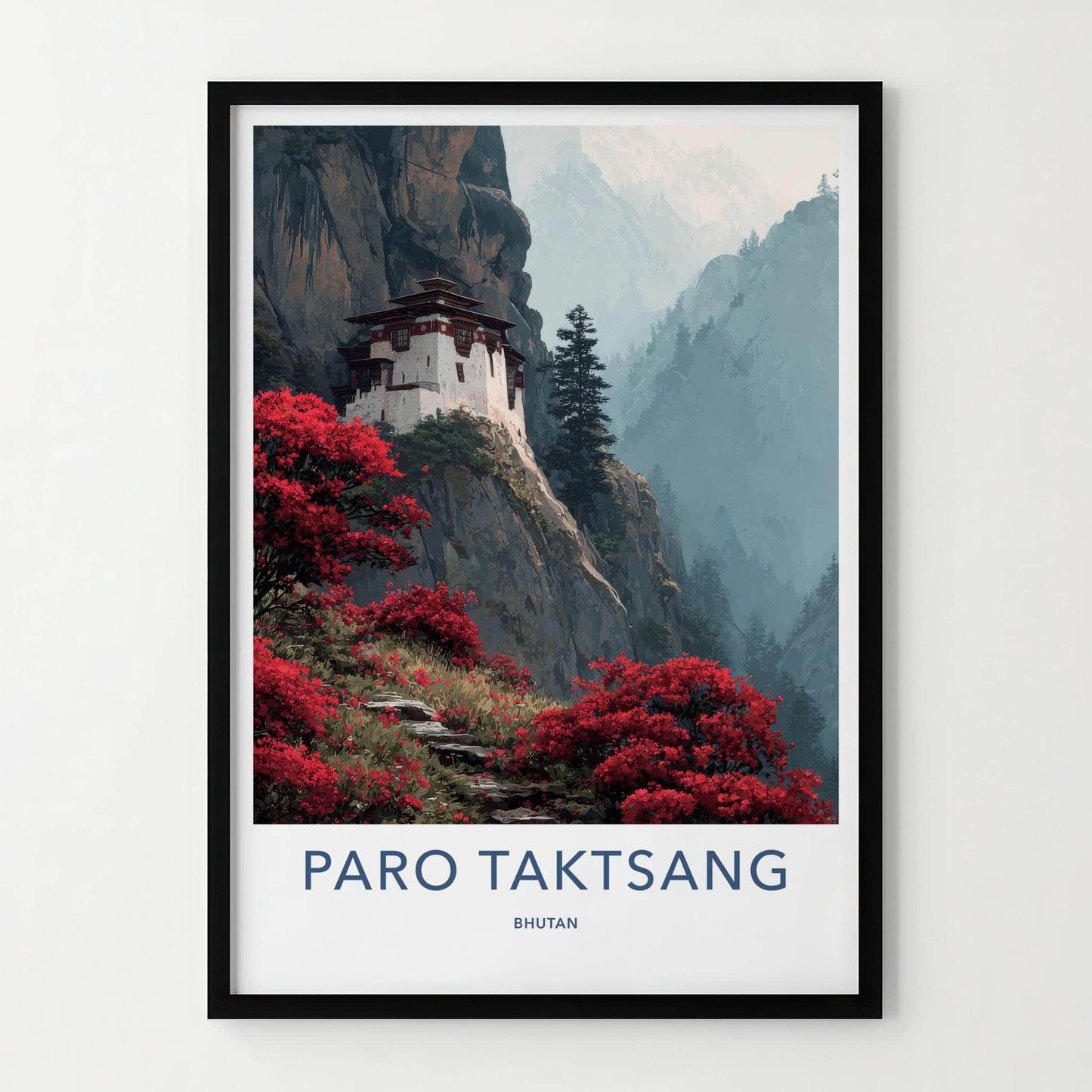 Paro Taktsang Poster - Bhutan Travel Art - Flowering Cliff Monastery Home Decor