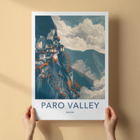 Paro Valley Poster - Bhutan Travel Art - Cliffside Monastery Clouds Wall Decor