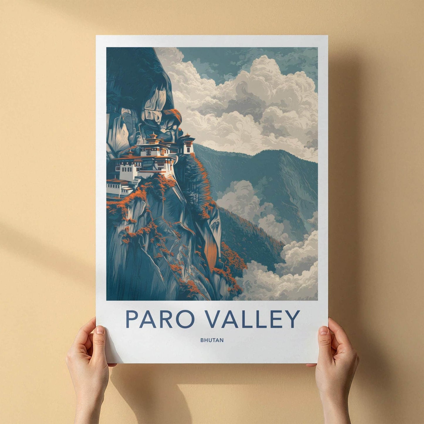 Paro Valley Poster - Bhutan Travel Art - Cliffside Monastery Clouds Wall Decor