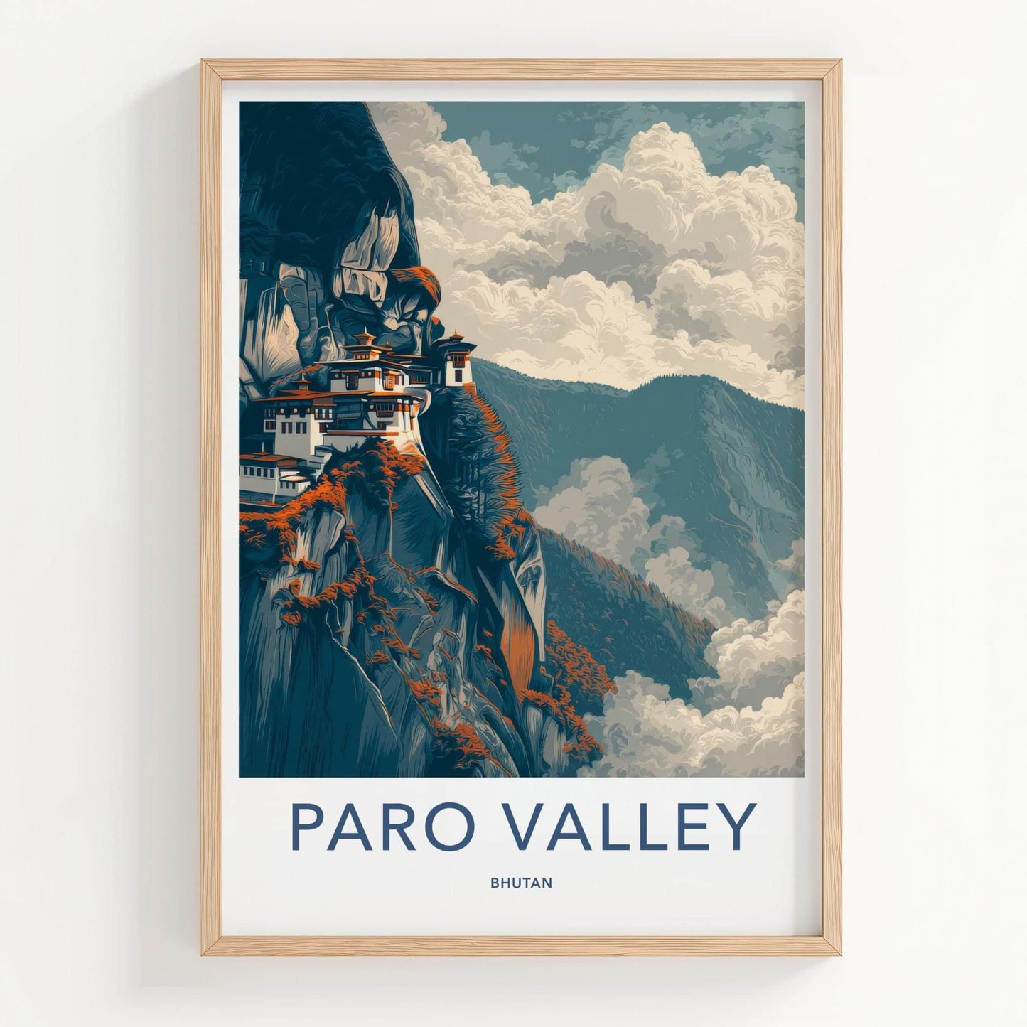 Paro Valley Poster - Bhutan Travel Art - Cliffside Monastery Clouds Wall Decor