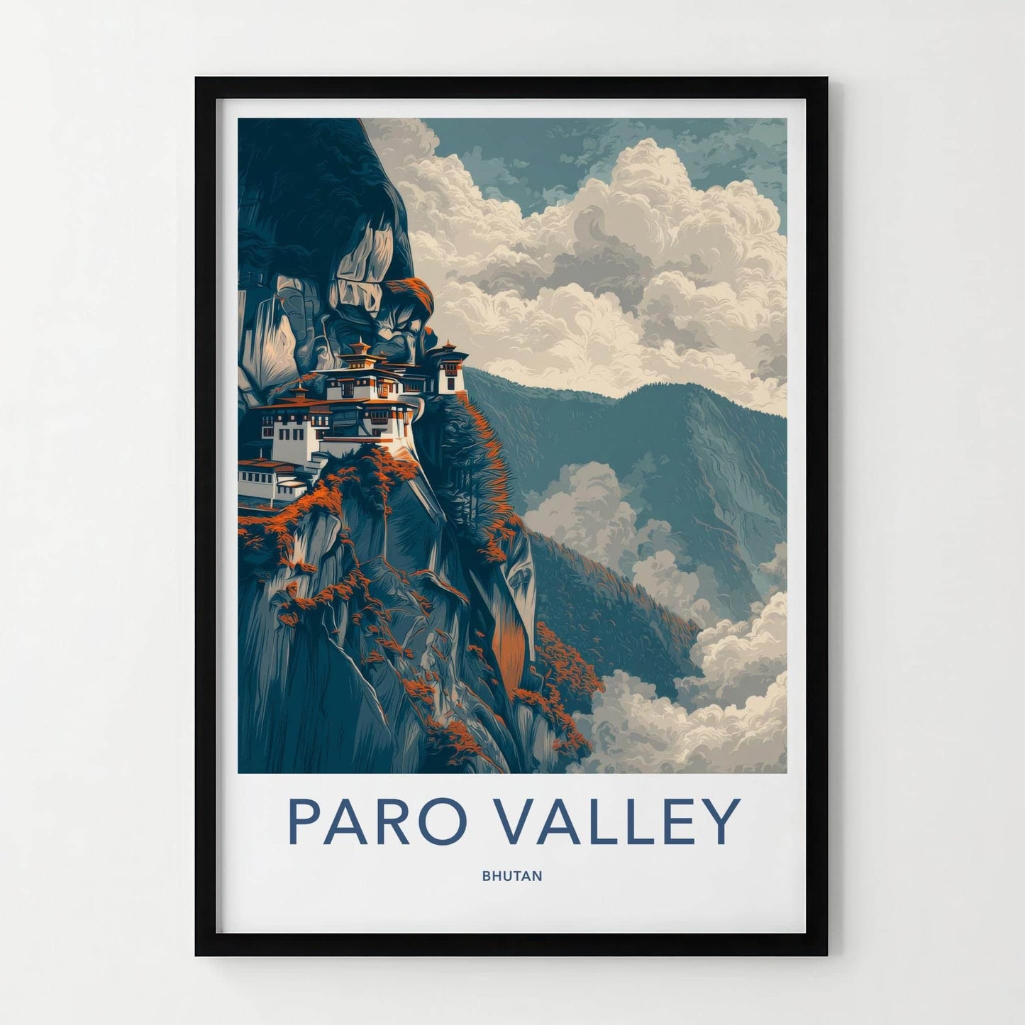 Paro Valley Poster - Bhutan Travel Art - Cliffside Monastery Clouds Wall Decor