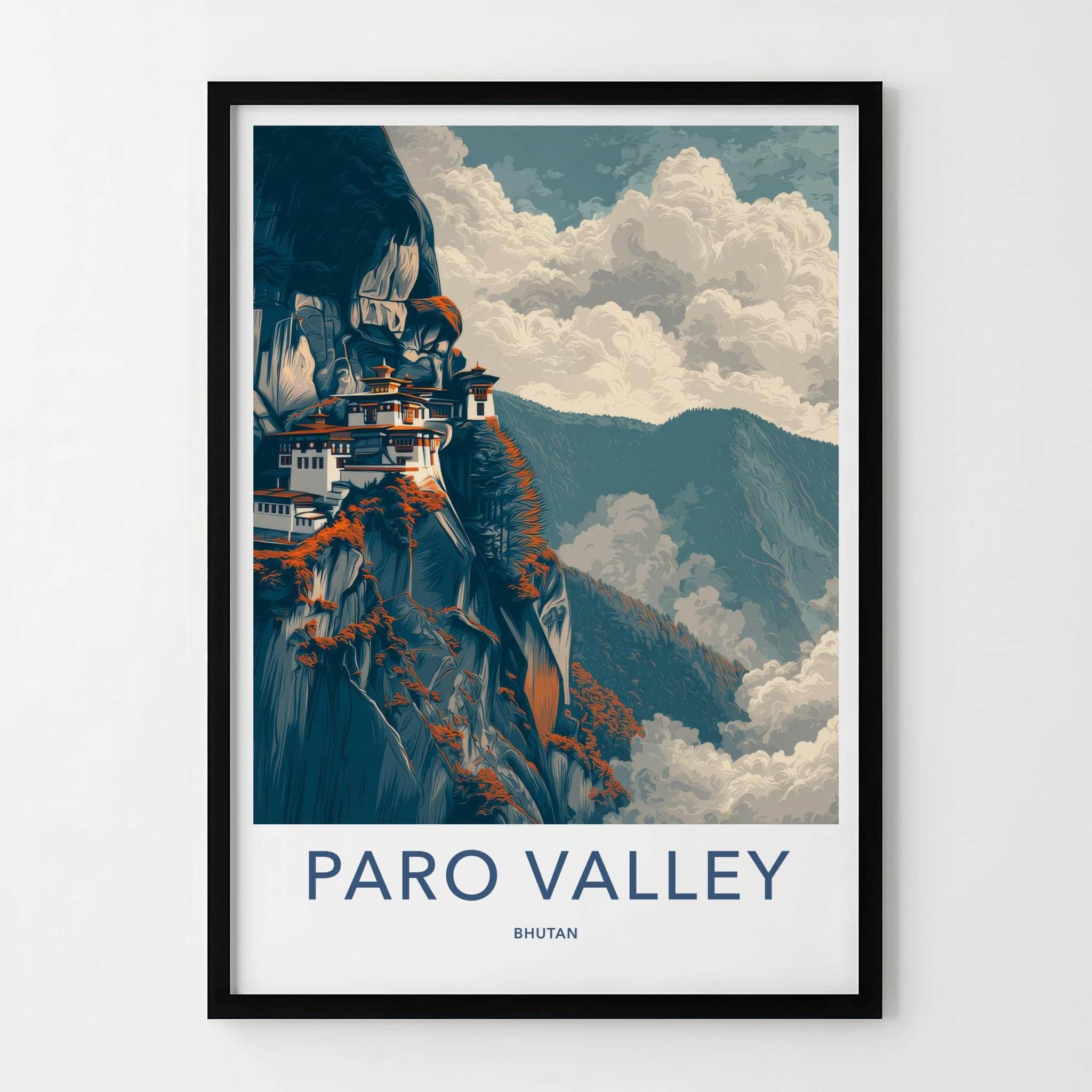 Paro Valley Poster - Bhutan Travel Art - Cliffside Monastery Clouds Wall Decor