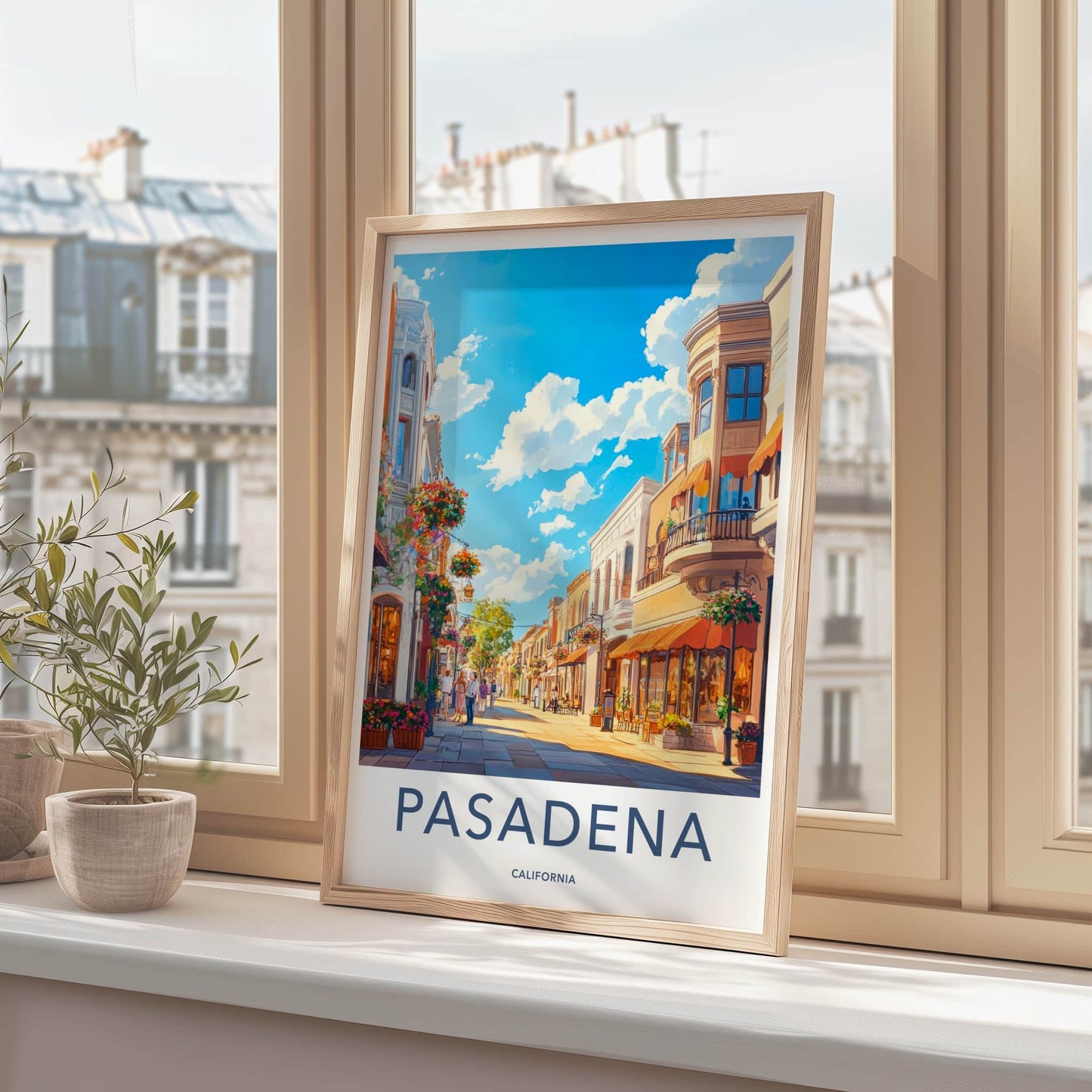 Pasadena Poster - California Travel Art - Flower Lined Street Home Decor