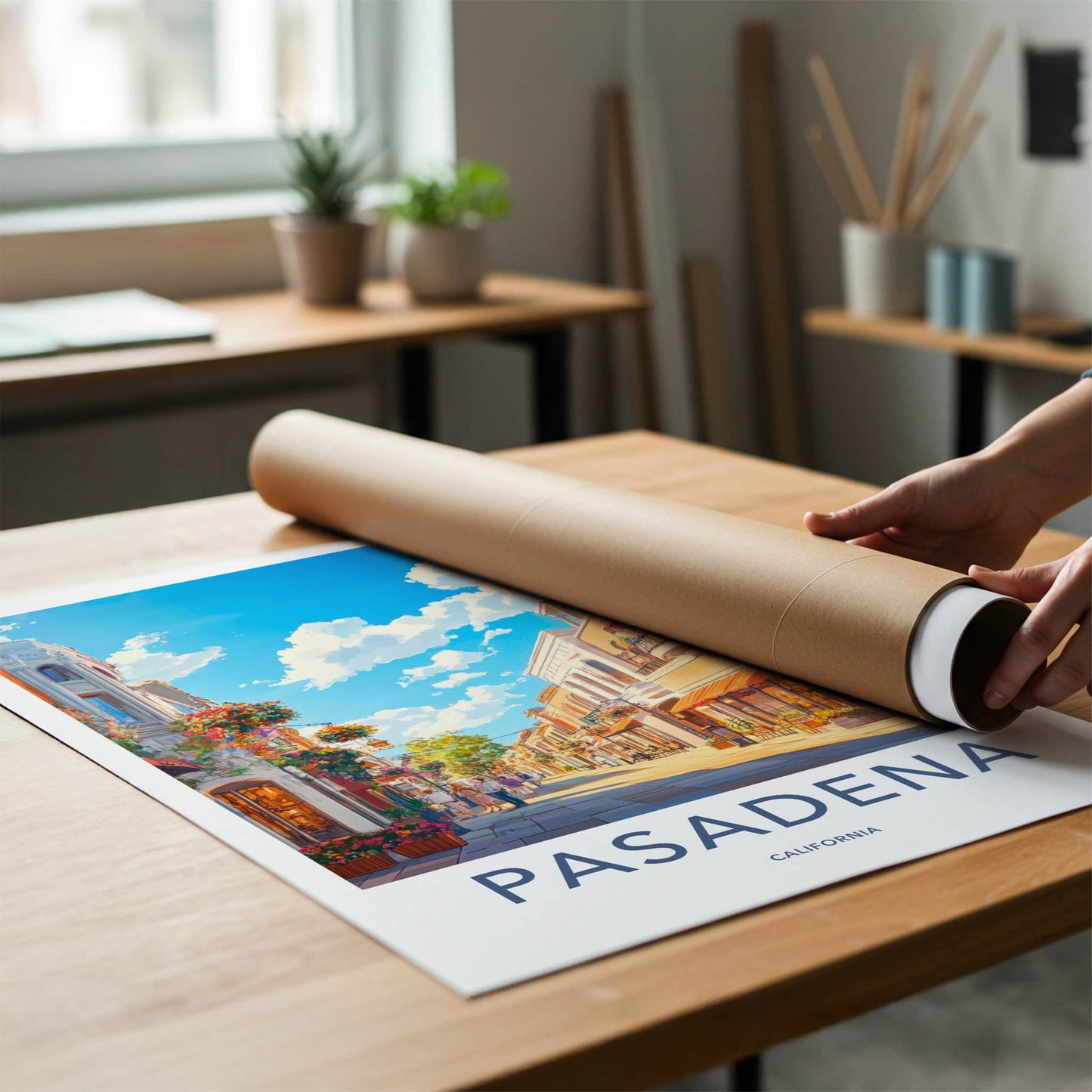 Pasadena Poster - California Travel Art - Flower Lined Street Home Decor