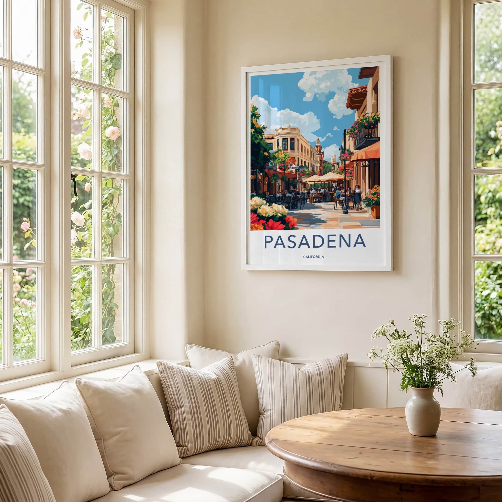 Pasadena Poster - California Travel Art - Lively Street Cafe Home Decor