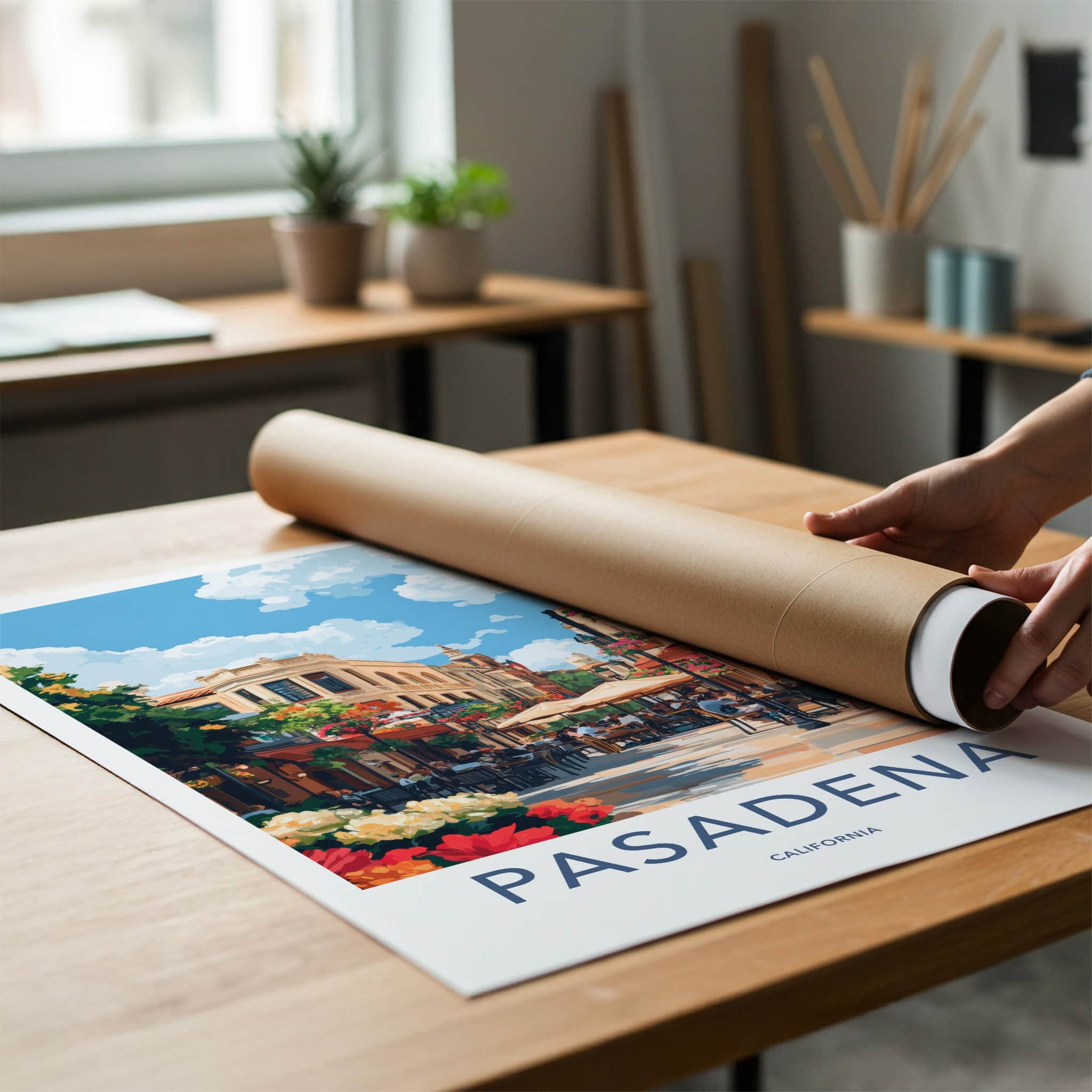 Pasadena Poster - California Travel Art - Lively Street Cafe Home Decor