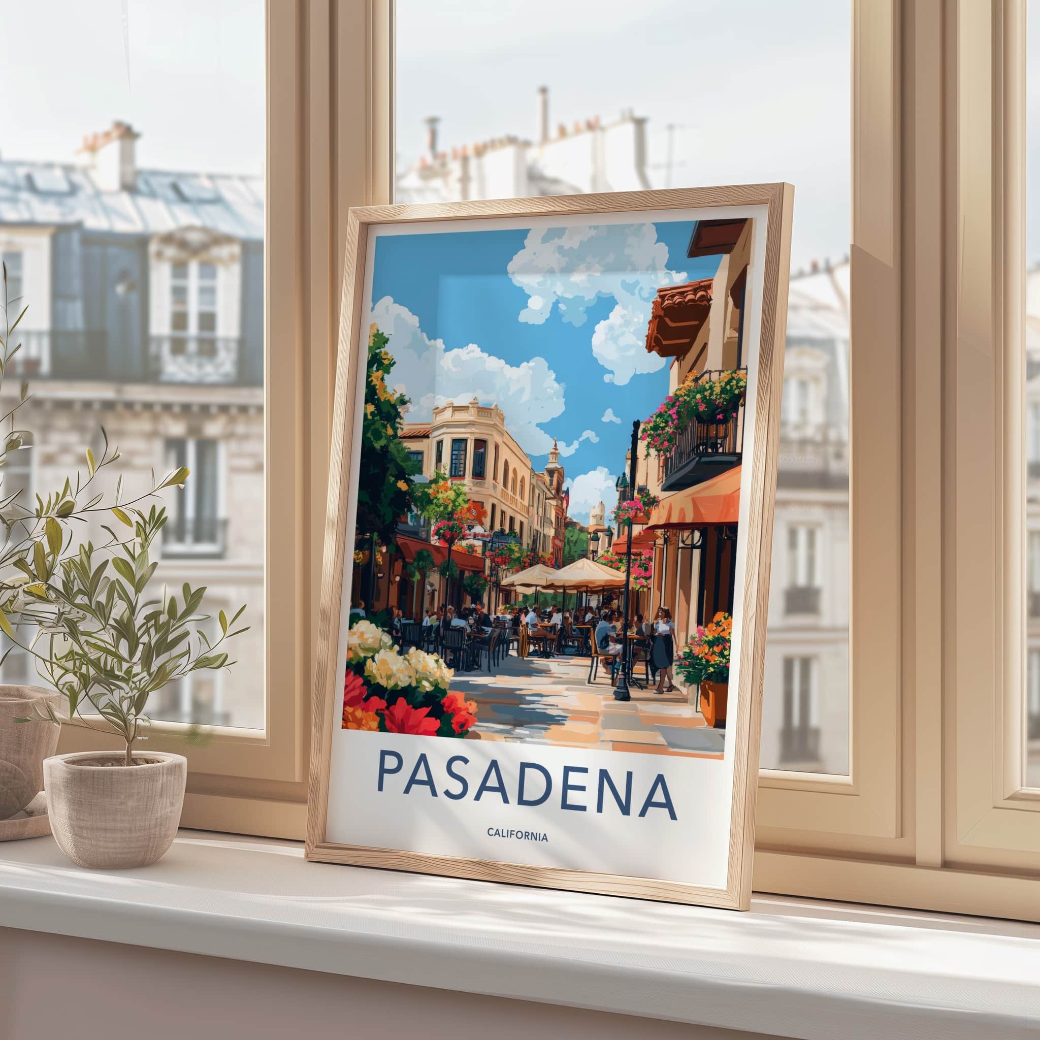 Pasadena Poster - California Travel Art - Lively Street Cafe Home Decor
