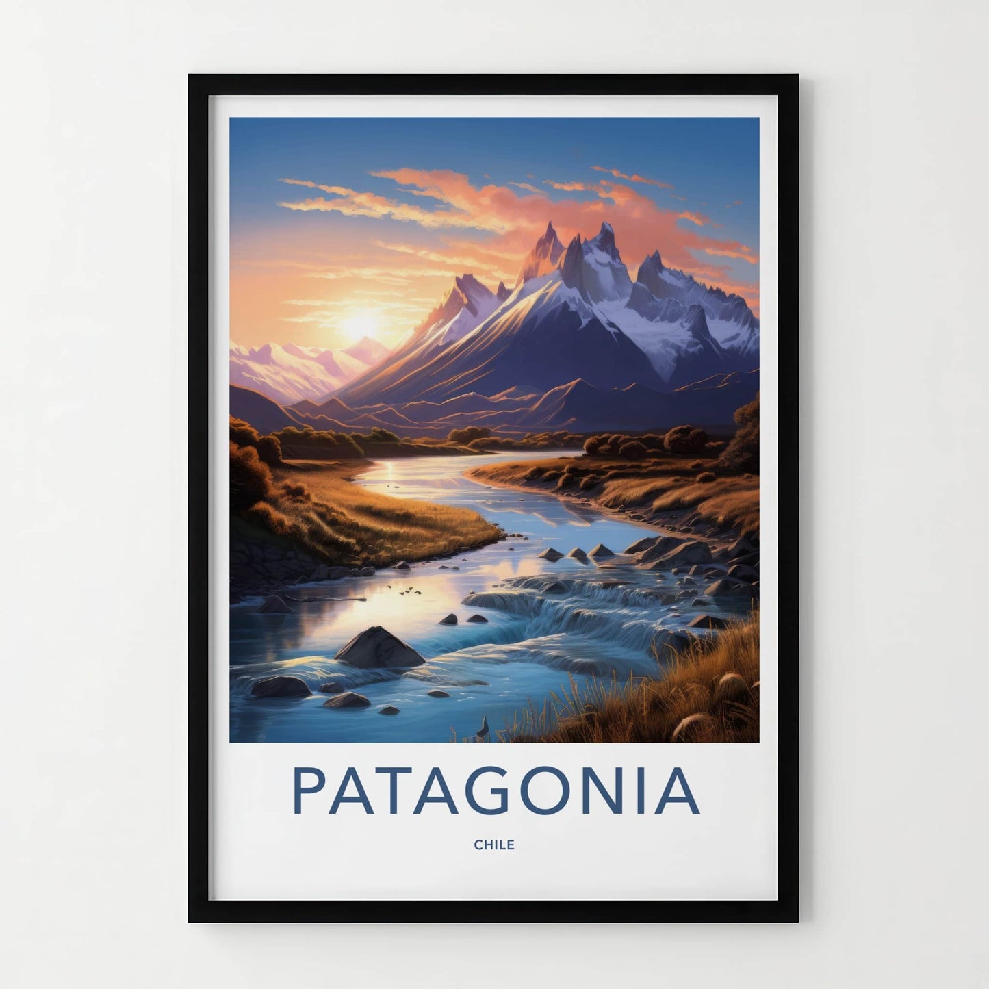 Patagonia Poster - Chile Travel Art - Mountain River Sunset Home Decor