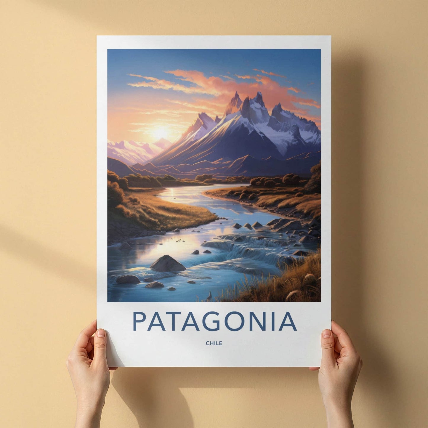 Patagonia Poster - Chile Travel Art - Mountain River Sunset Home Decor