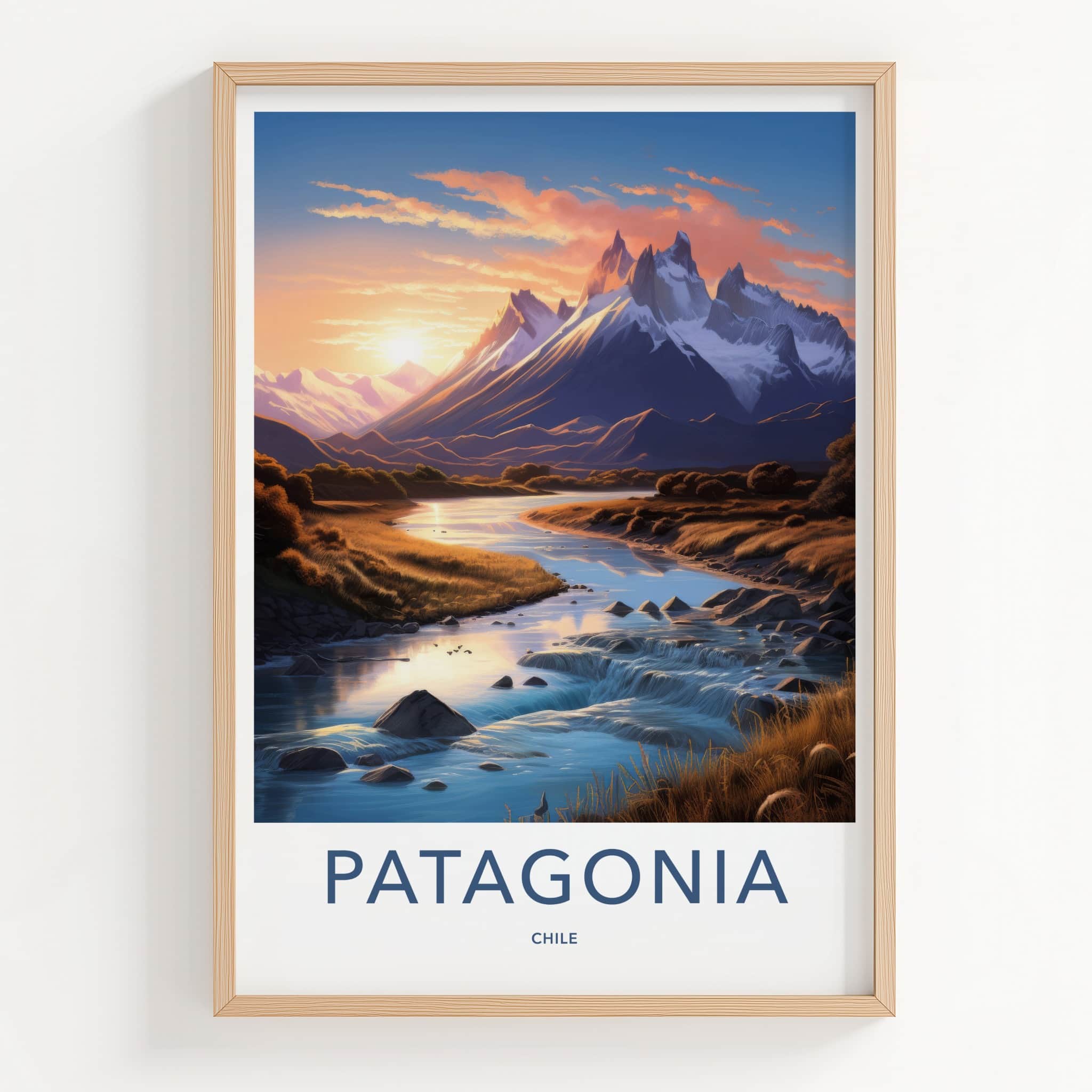 Patagonia Poster - Chile Travel Art - Mountain River Sunset Home Decor