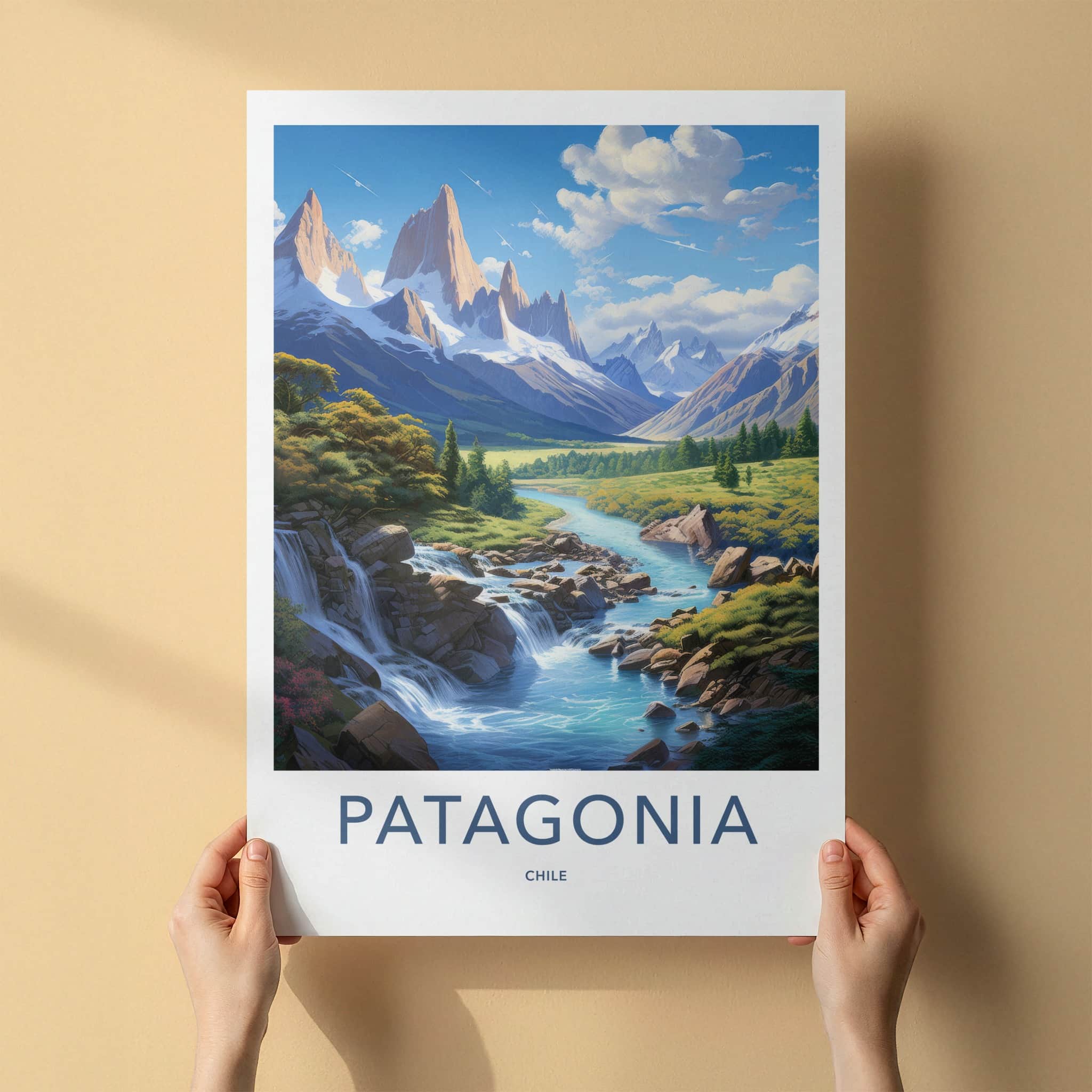 Patagonia Poster - Chile Travel Art - Mountain River Waterfalls Wall Decor