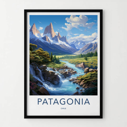 Patagonia Poster - Chile Travel Art - Mountain River Waterfalls Wall Decor