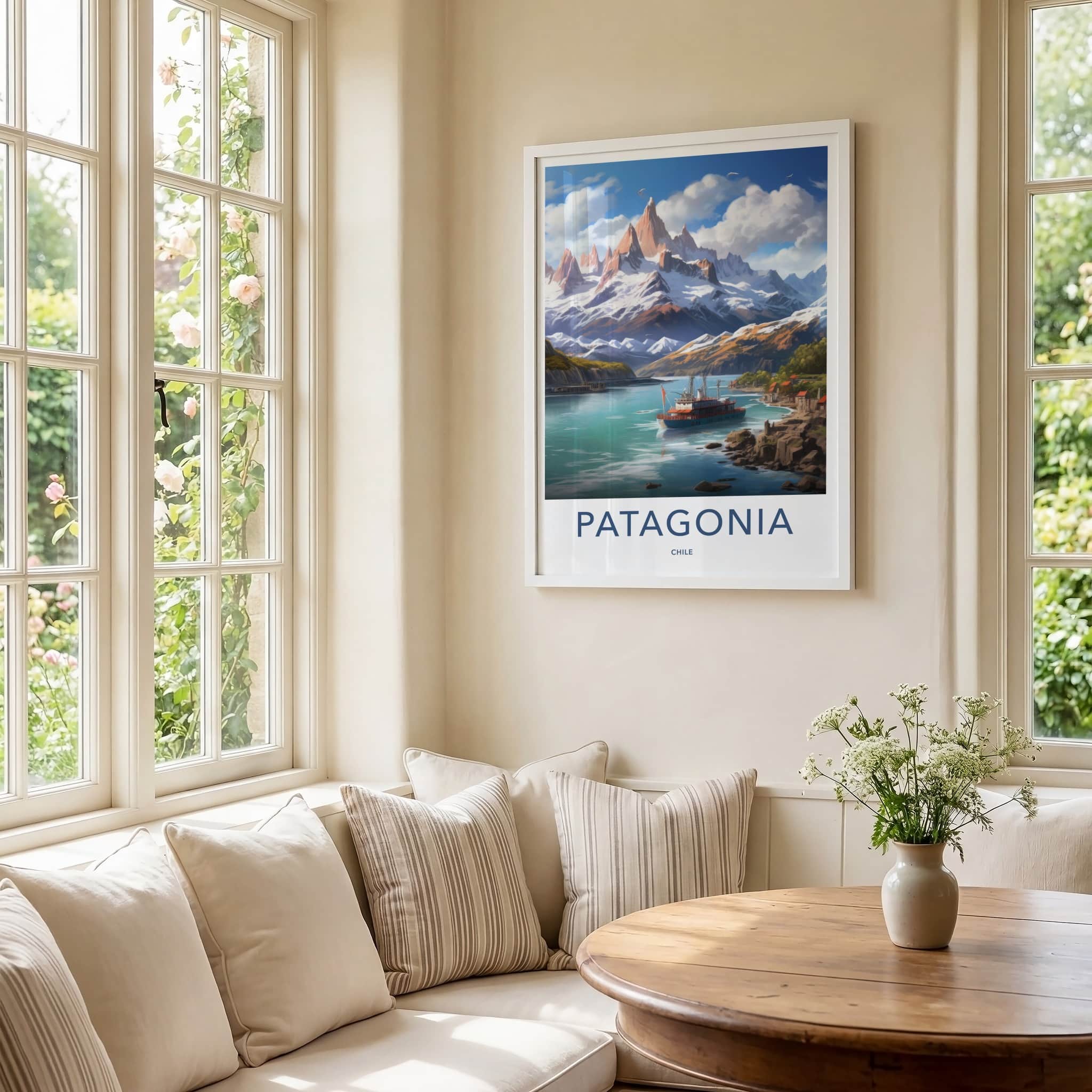 Patagonia Poster - Chile Travel Art - Snowy Mountain Ship Wall Decor