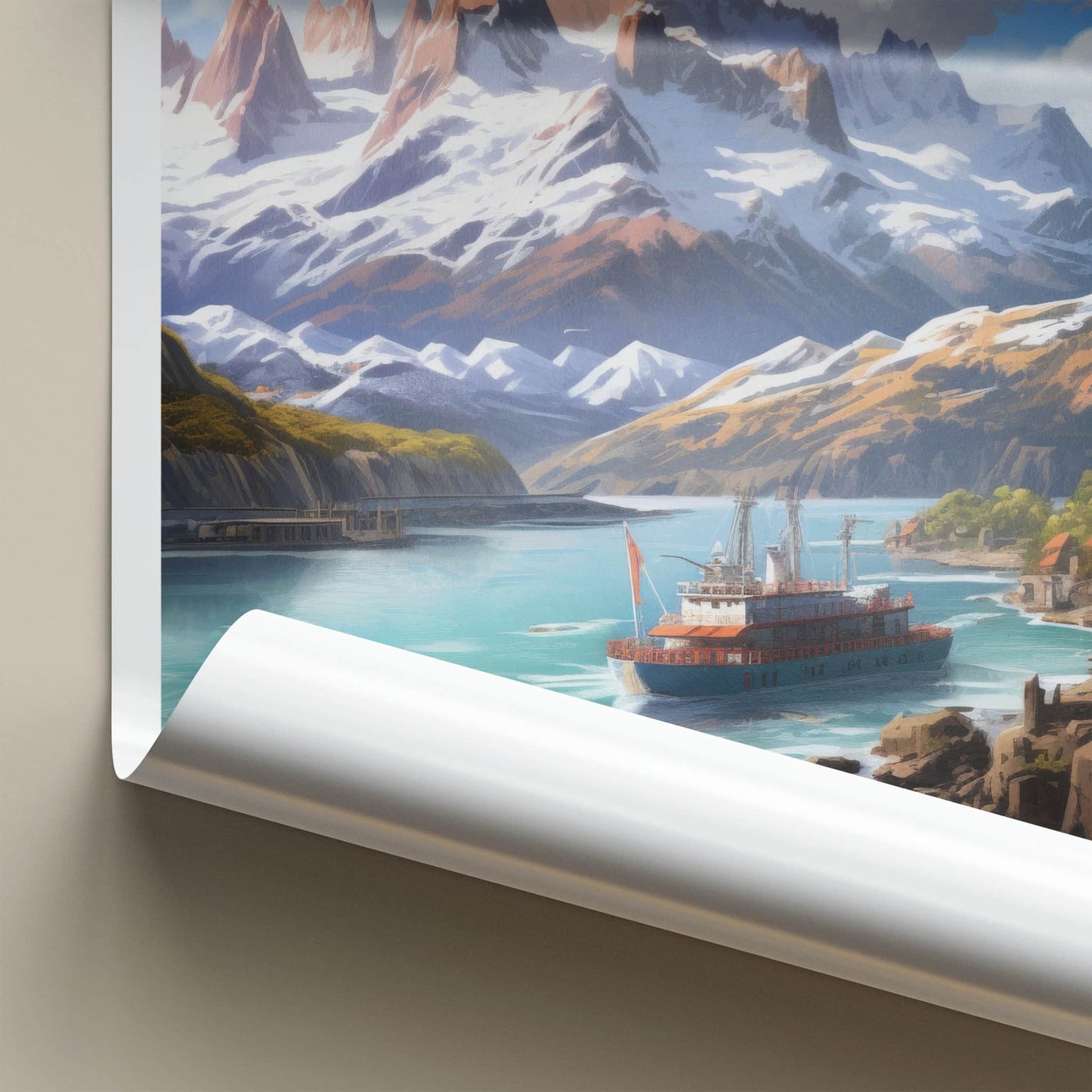 Patagonia Poster - Chile Travel Art - Snowy Mountain Ship Wall Decor