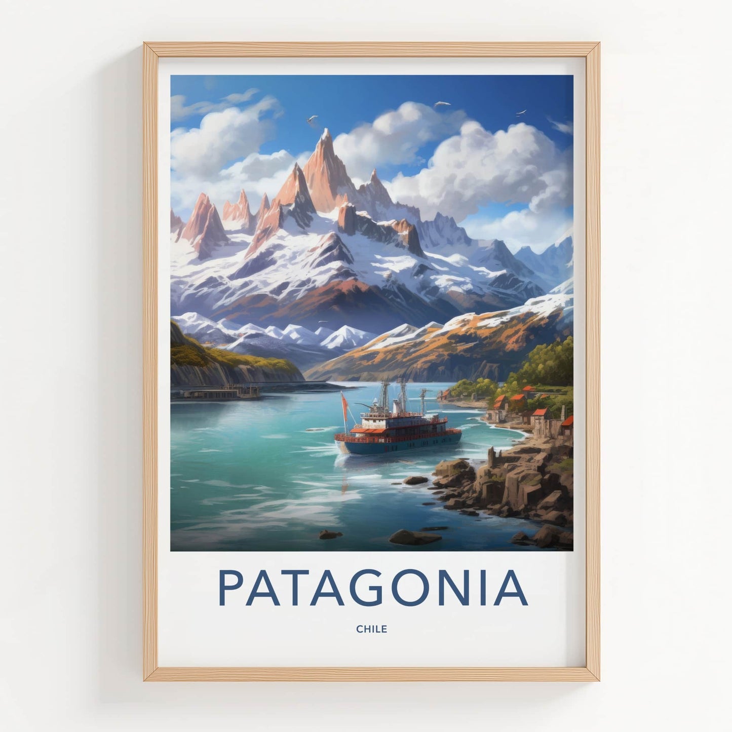 Patagonia Poster - Chile Travel Art - Snowy Mountain Ship Wall Decor