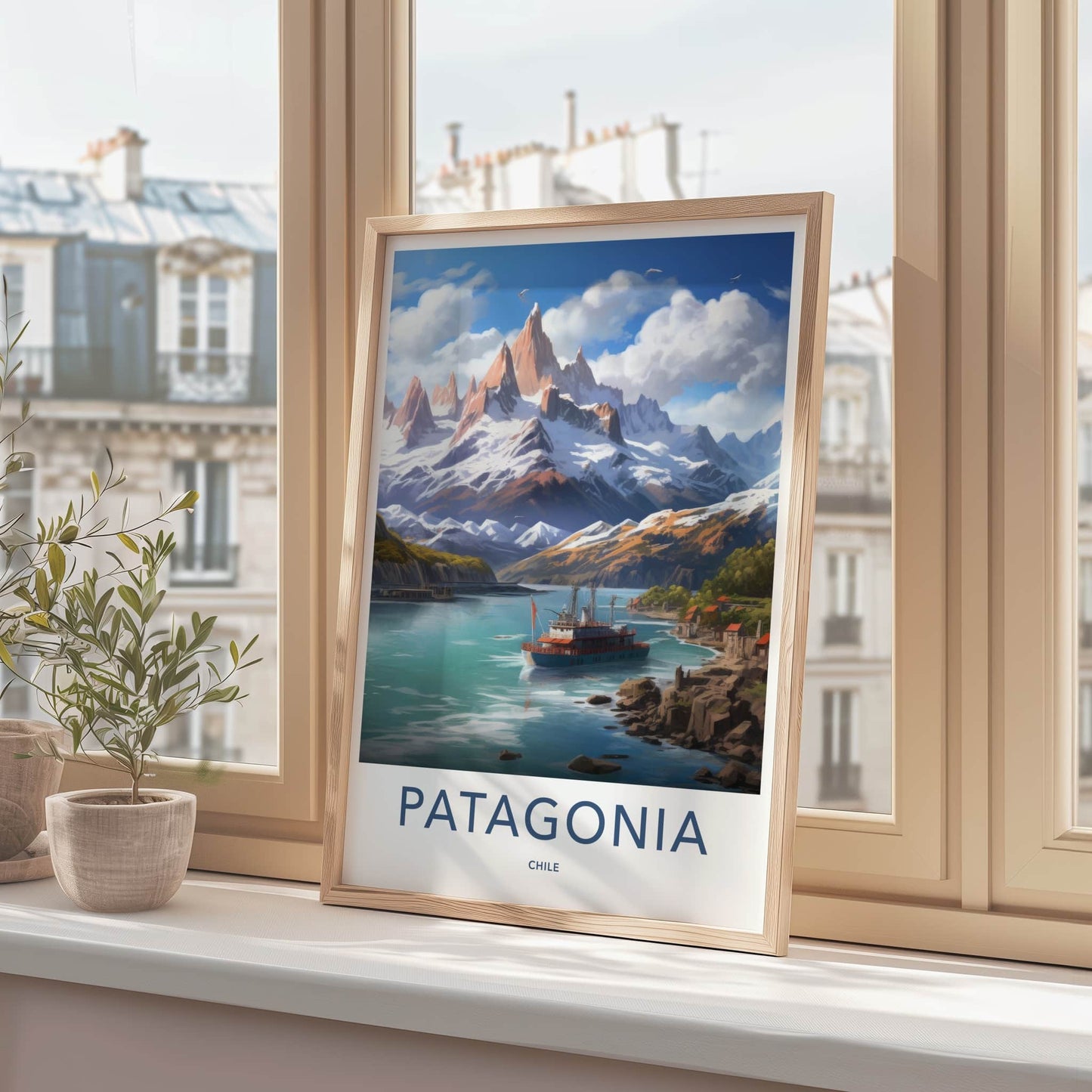 Patagonia Poster - Chile Travel Art - Snowy Mountain Ship Wall Decor